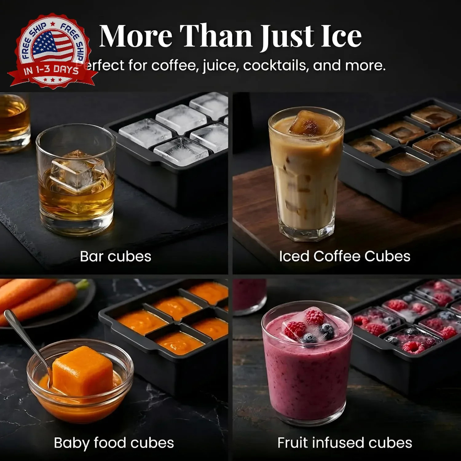 KitchFort Large Silicone Ice Cube Tray (2-Pack), Easy Release 2" Big Ice Cubes -