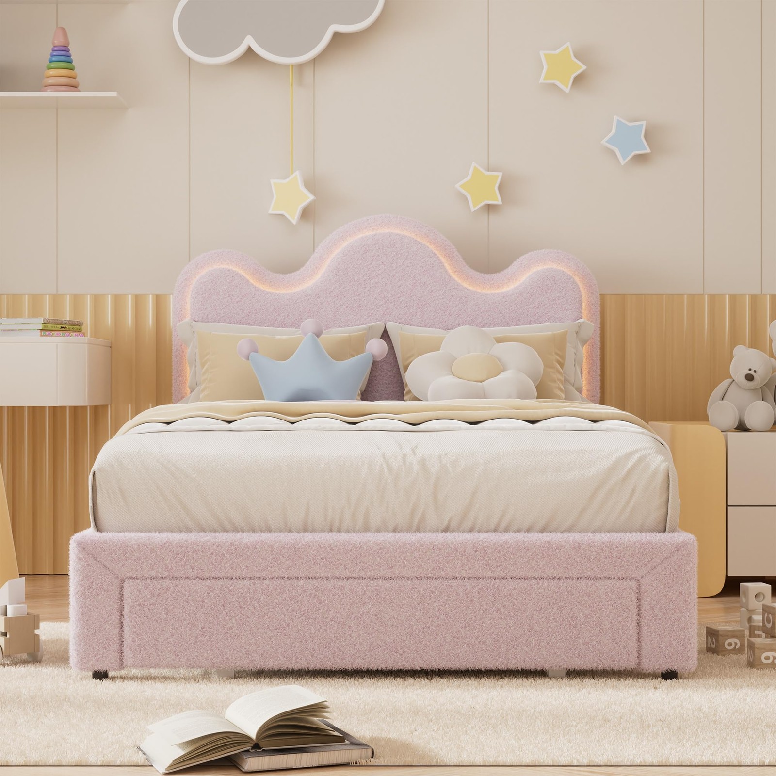 Full/Twin Bed Frame w/ Storage Drawer & LED Upholstered Headboard for Kids/Girls