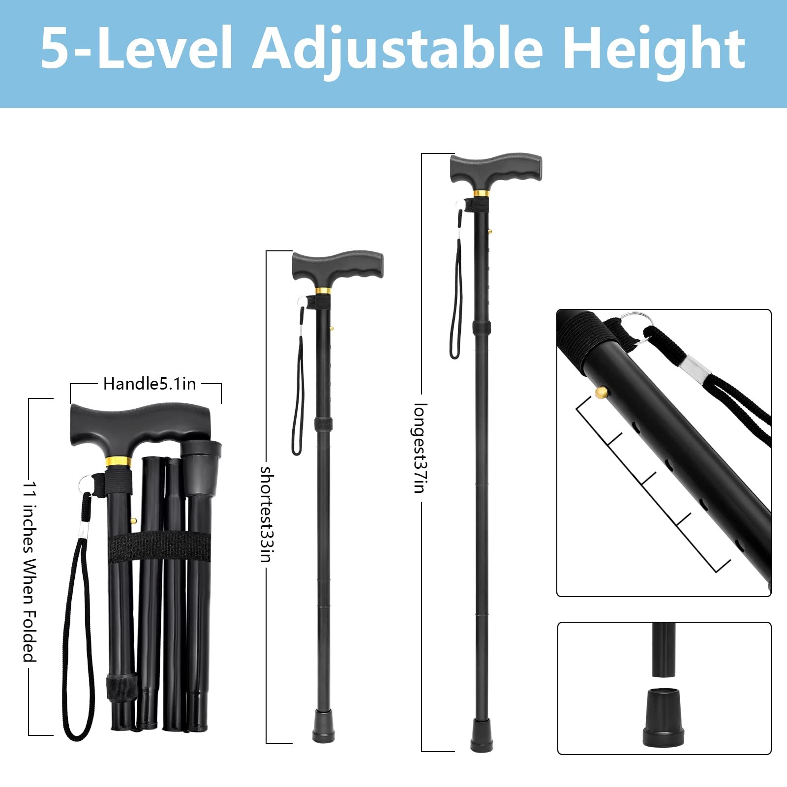 Folding Walking Cane - Lightweight, Adjustable, Anti-Slip, 37", black1