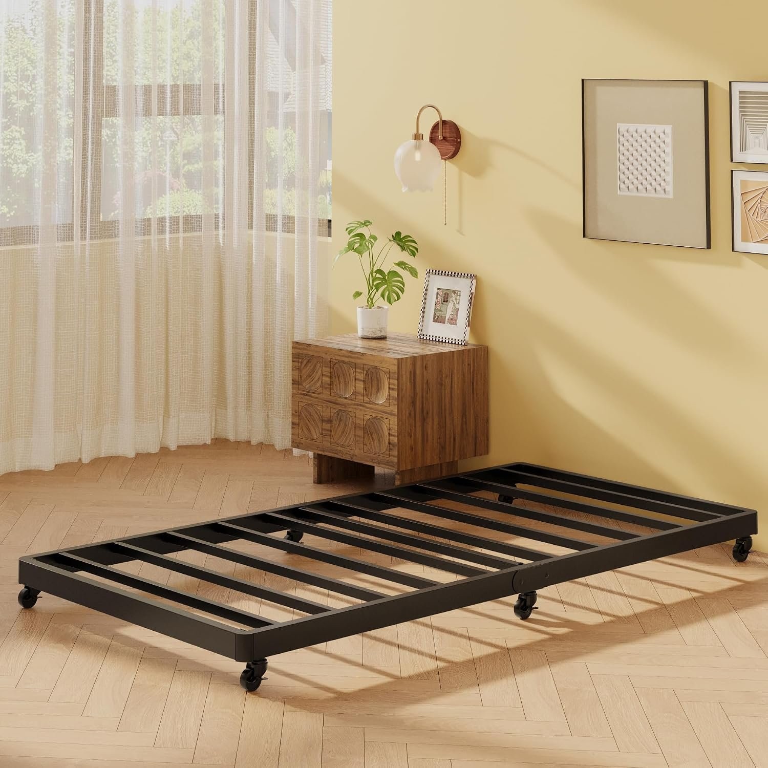 Black Twin Trundle Bed with Lockable Casters for Easy Storage and Convenience
