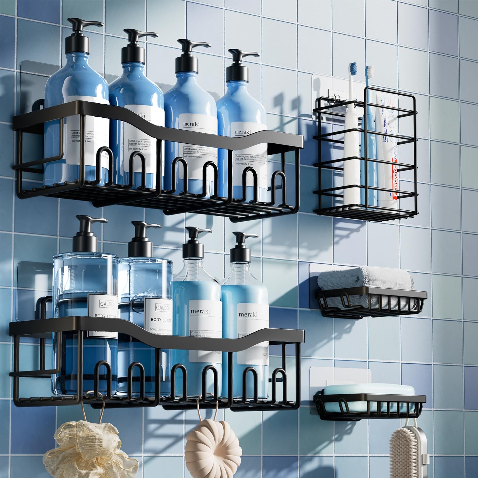 EUDELE 5-Pack Rustproof Stainless Steel Shower Caddy Set– L size, Black-5pcs