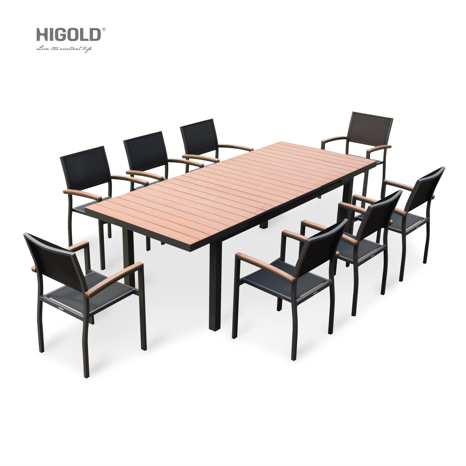 HIGOLD Carlo 8+1 pieces extendable Outdoor Dining set, Faux Wood Slats Tabletop