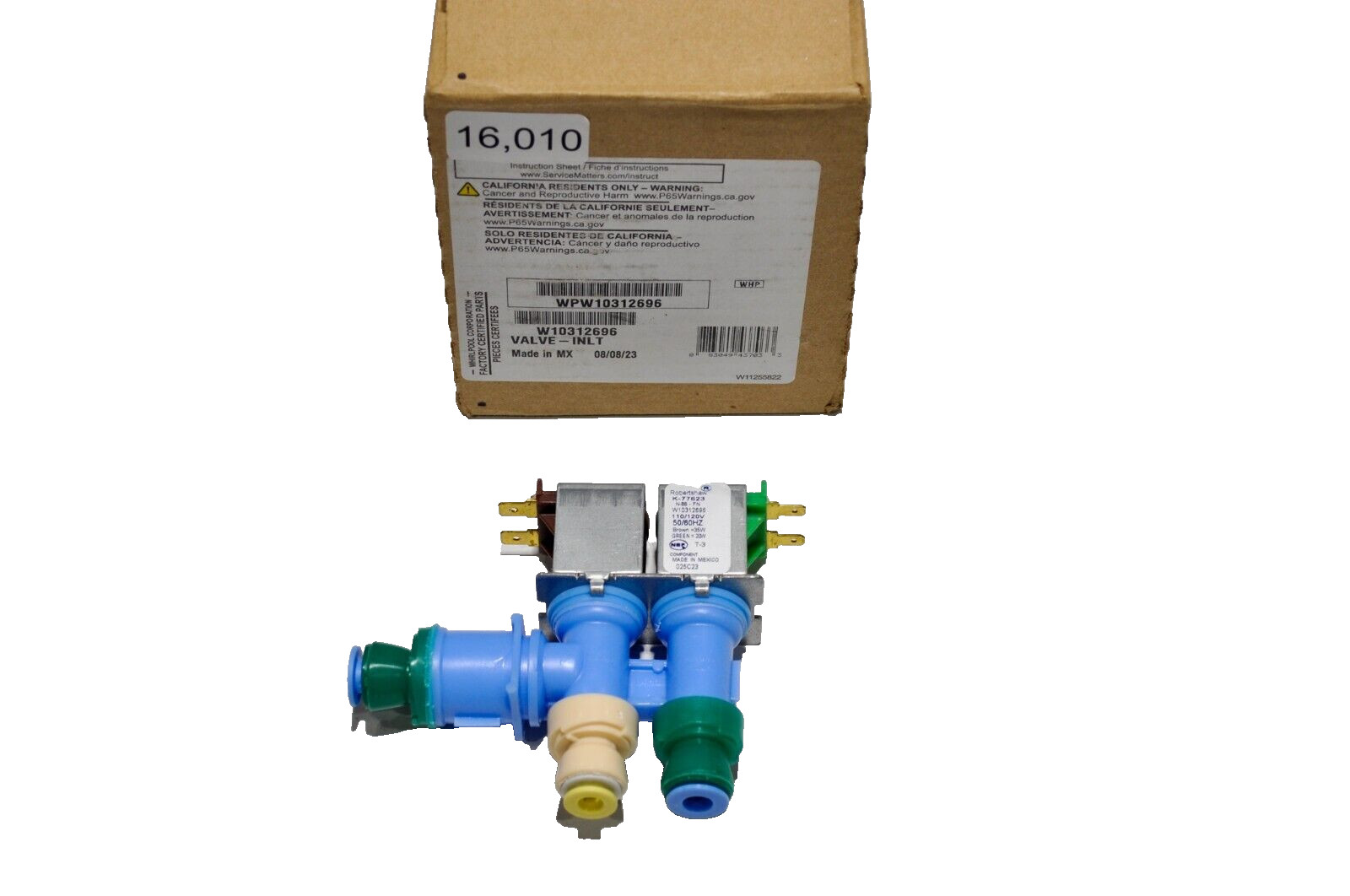 Whirlpool W10312696 Refrigerator Water Inlet Valve Robertshaw K-77623 V10312696