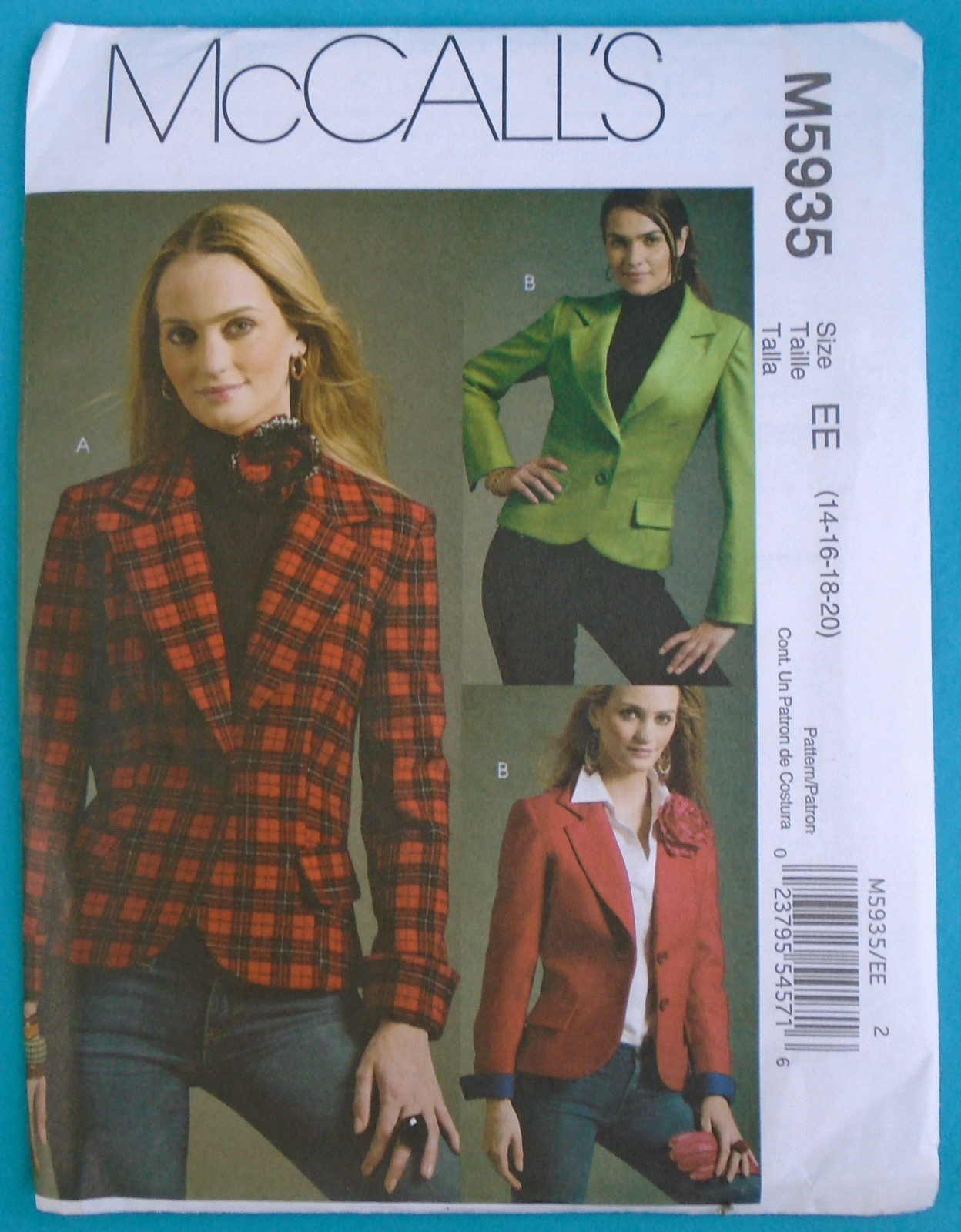 McCall's M5935 Misses' Semi-fitted Lined Jackets, Size EE (14-16-18-20) uncut