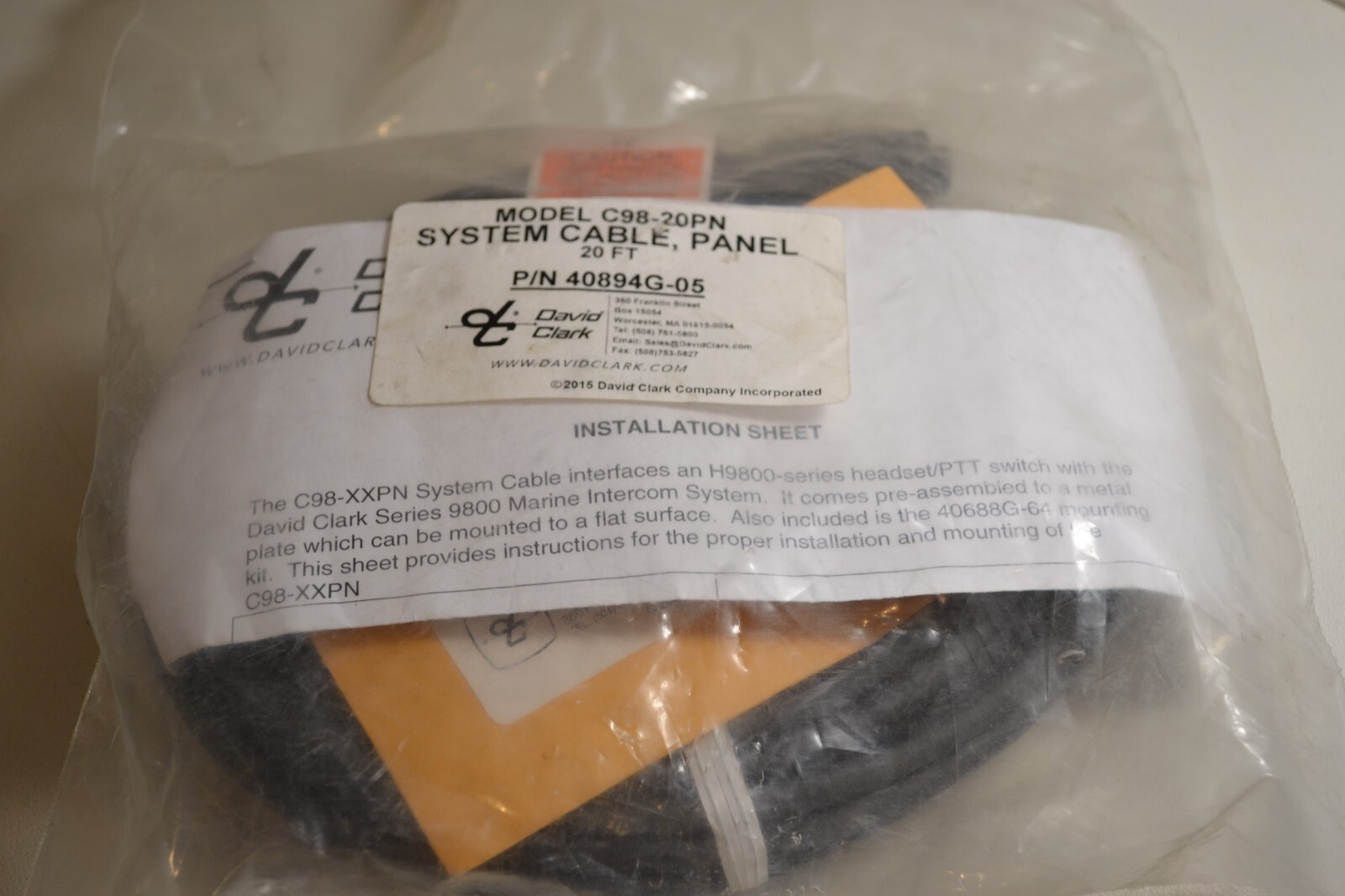 David Clark C98-20PN System Cable, Panel p/n 40894G-05 System Panel Mount