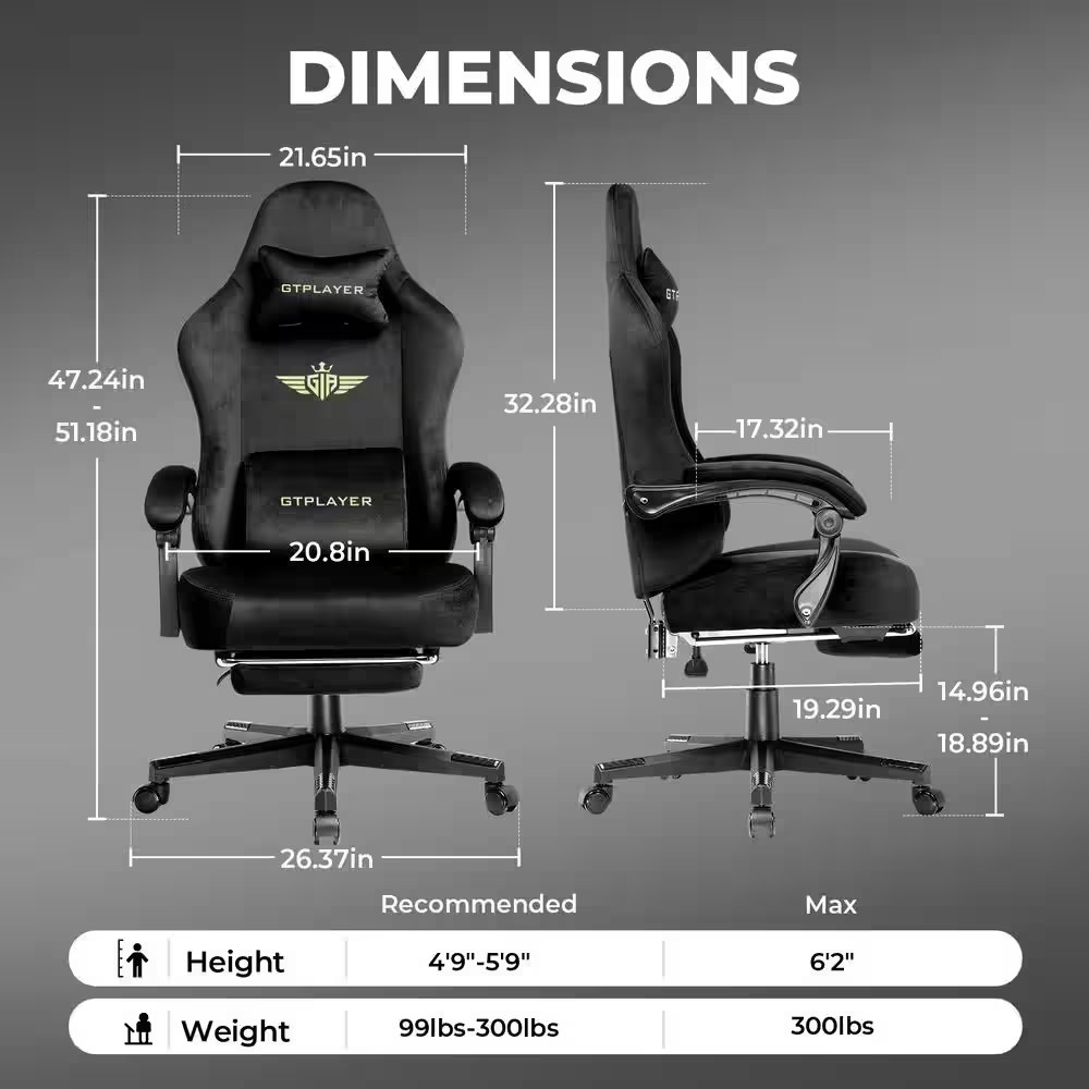 Gaming Chair Fabric Adjustable Height Computer Chair, Black