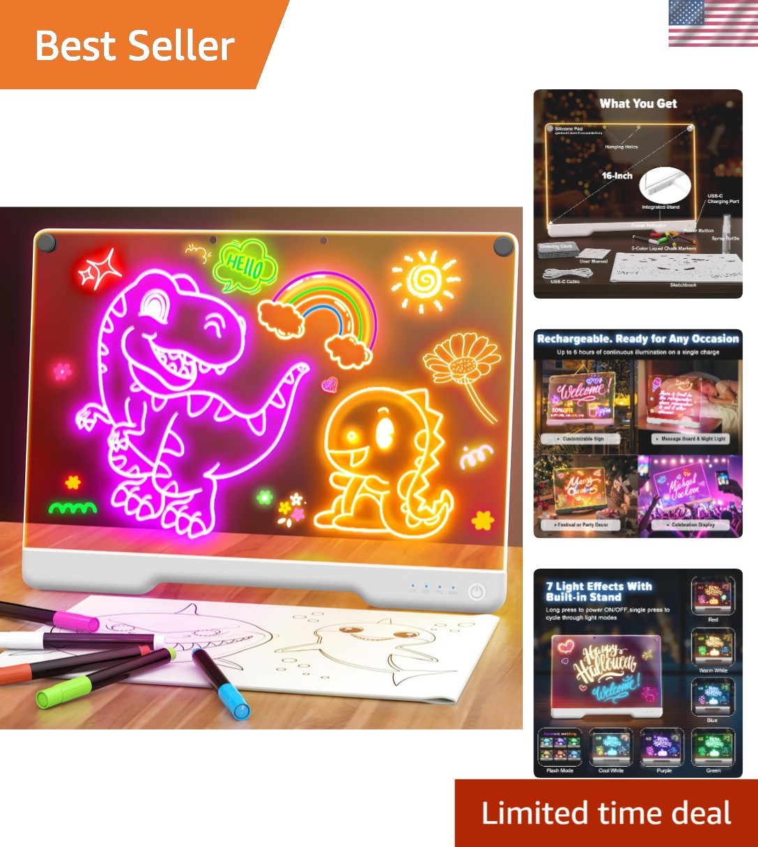 16-Inch Rechargeable Doodle Glow LED Note Board, 7-Color Light Modes, Neon Ar...