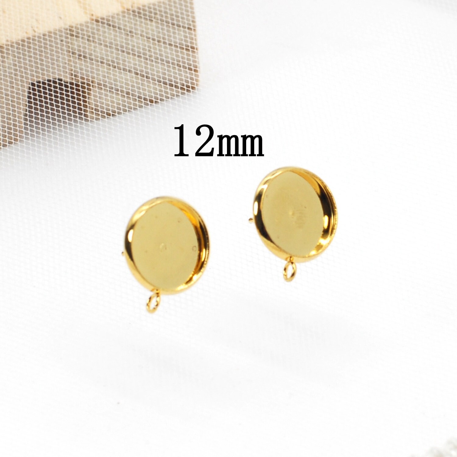 12PCS Stainless Steel Gold Tone ROUND Blank Earrings Fit 12mm Cab LSE39-12mm