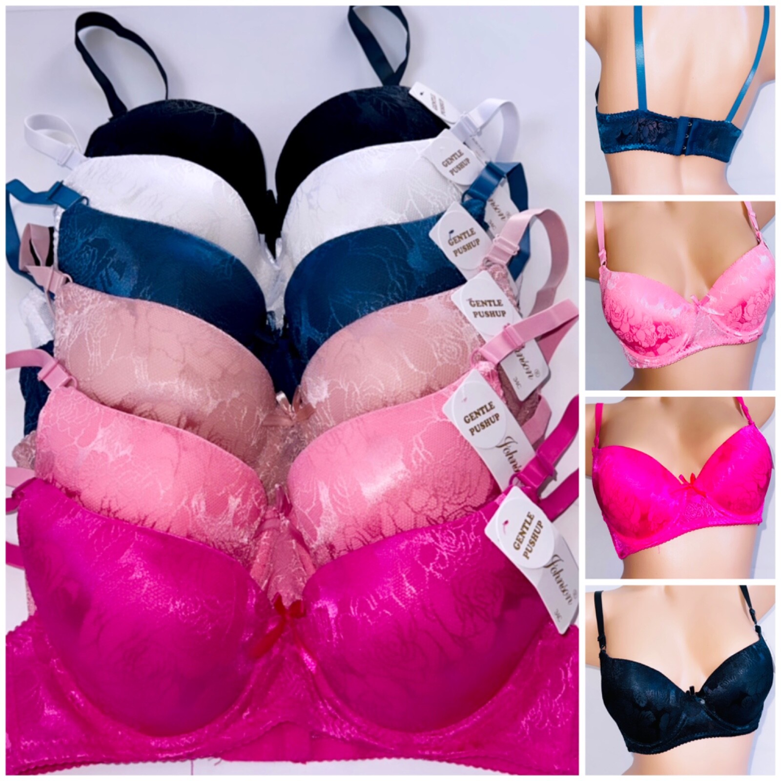 6 Womens Ladies Lace Floral Solid Color Demi Gentle Push Up Bra Full Cup 3 hooks