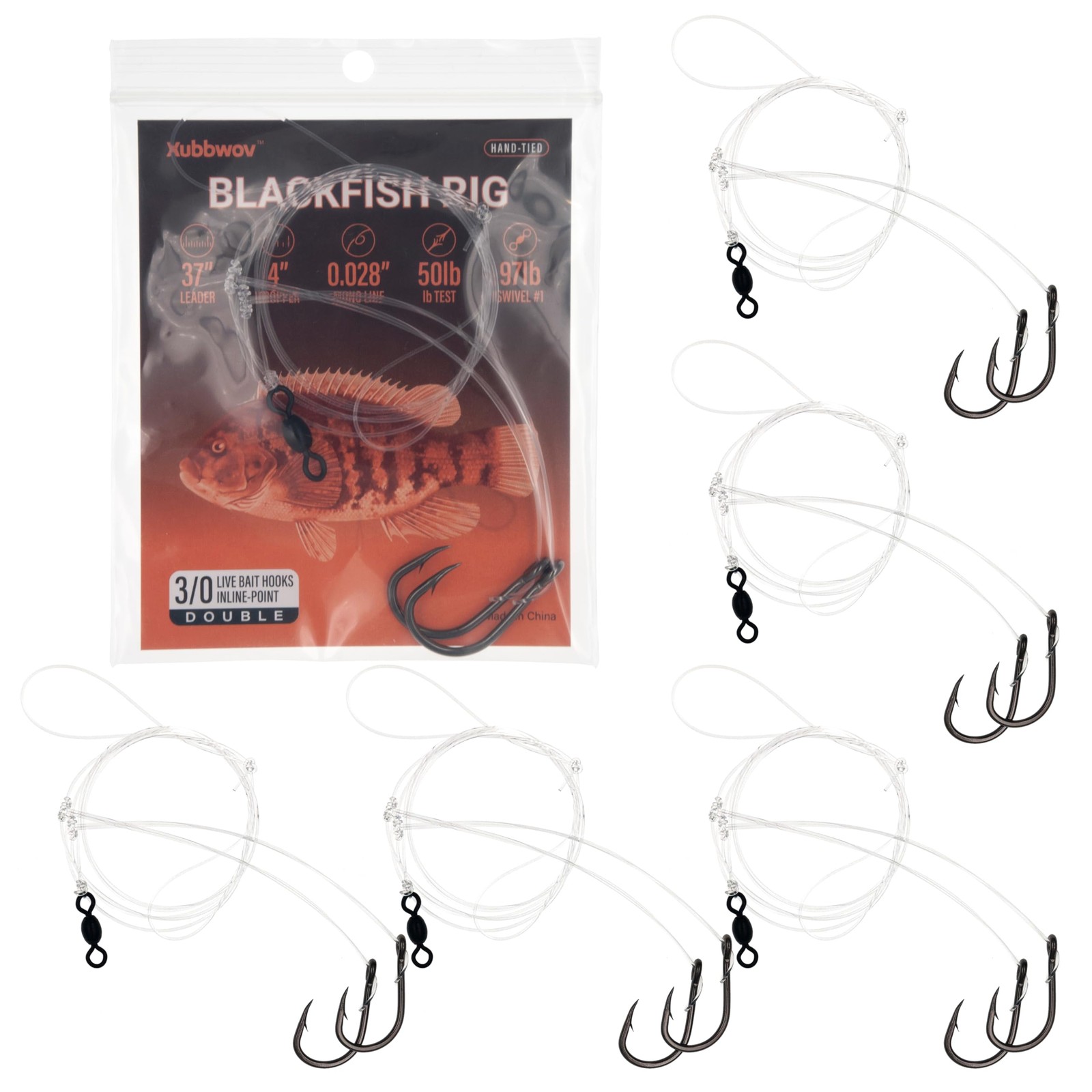 Xubbwov Blackfish Tautog Rig Hand-Tied Hi-Lo - 3/0 Double 3/0, Black
