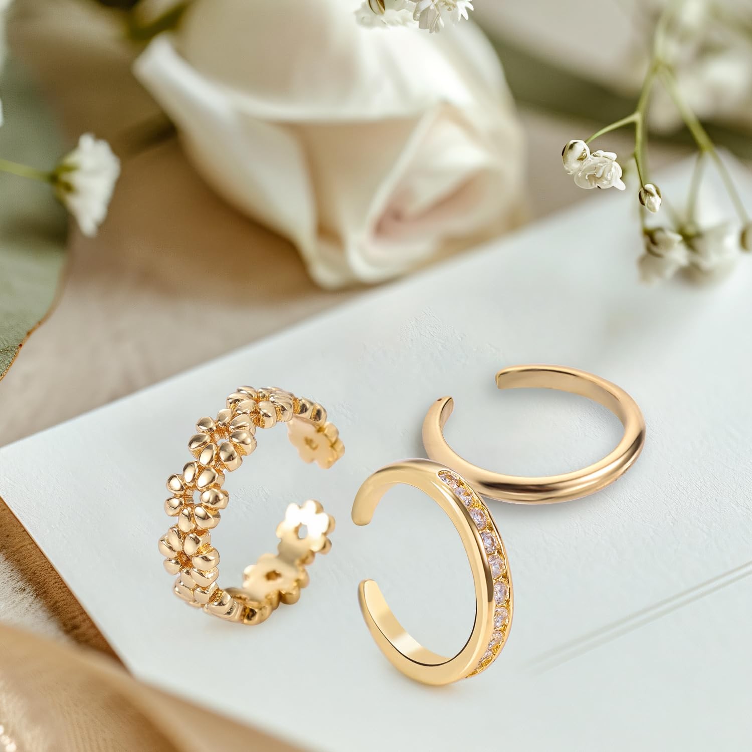 Mikovivi 3pcs Gold Toe Rings, Open Adjustable Copper Ring Medium, gold