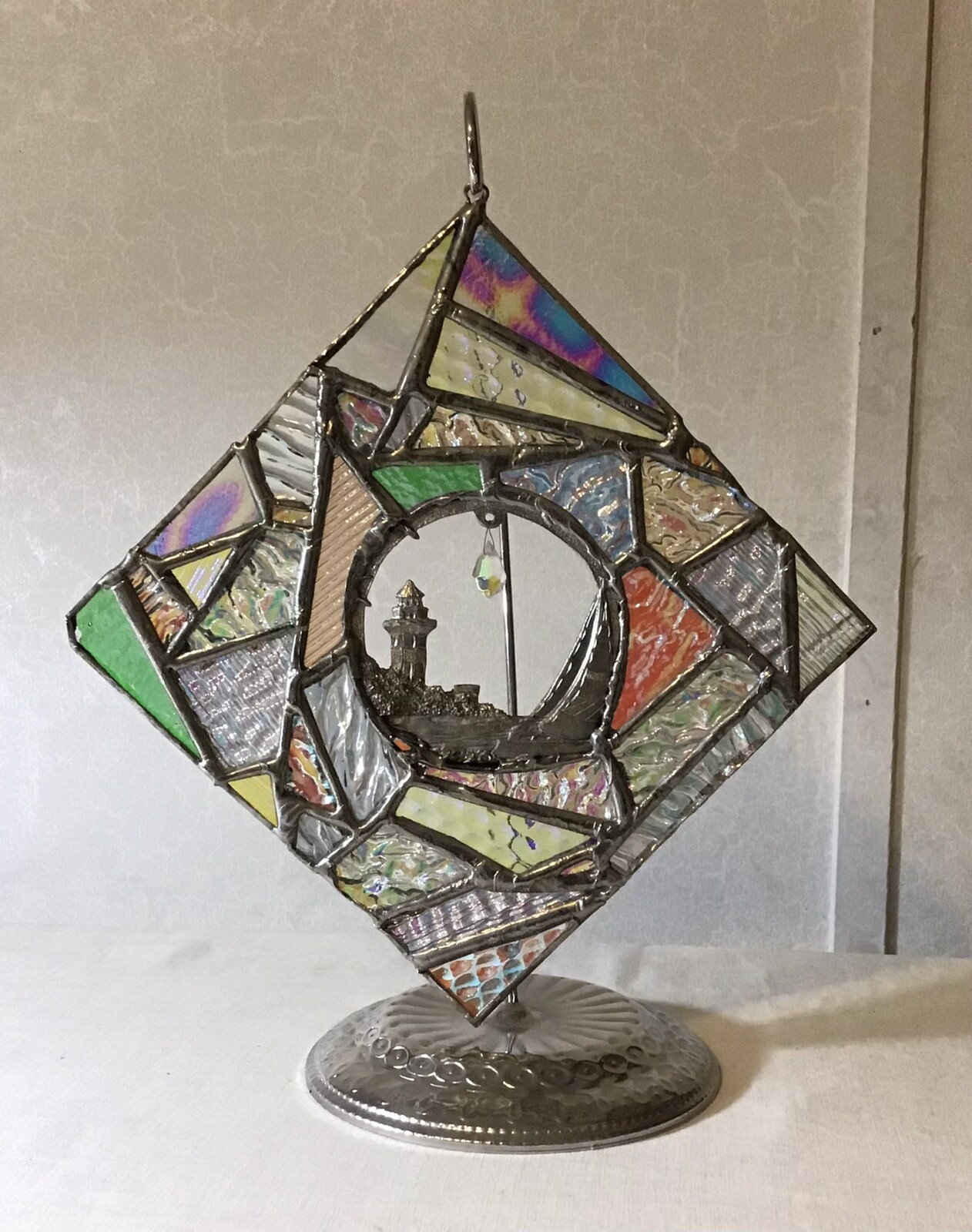 Iridescent Lead Glass Hanging Capitol Building With Ship