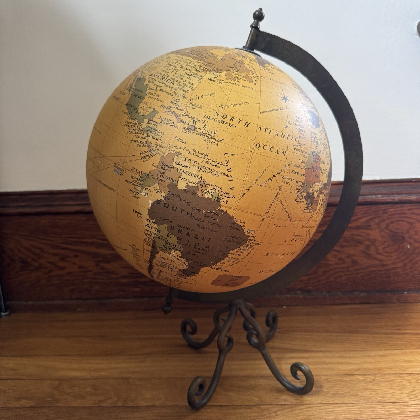 2008 World Globe Sepia Tan With Metal Stand 19 Inches Tall