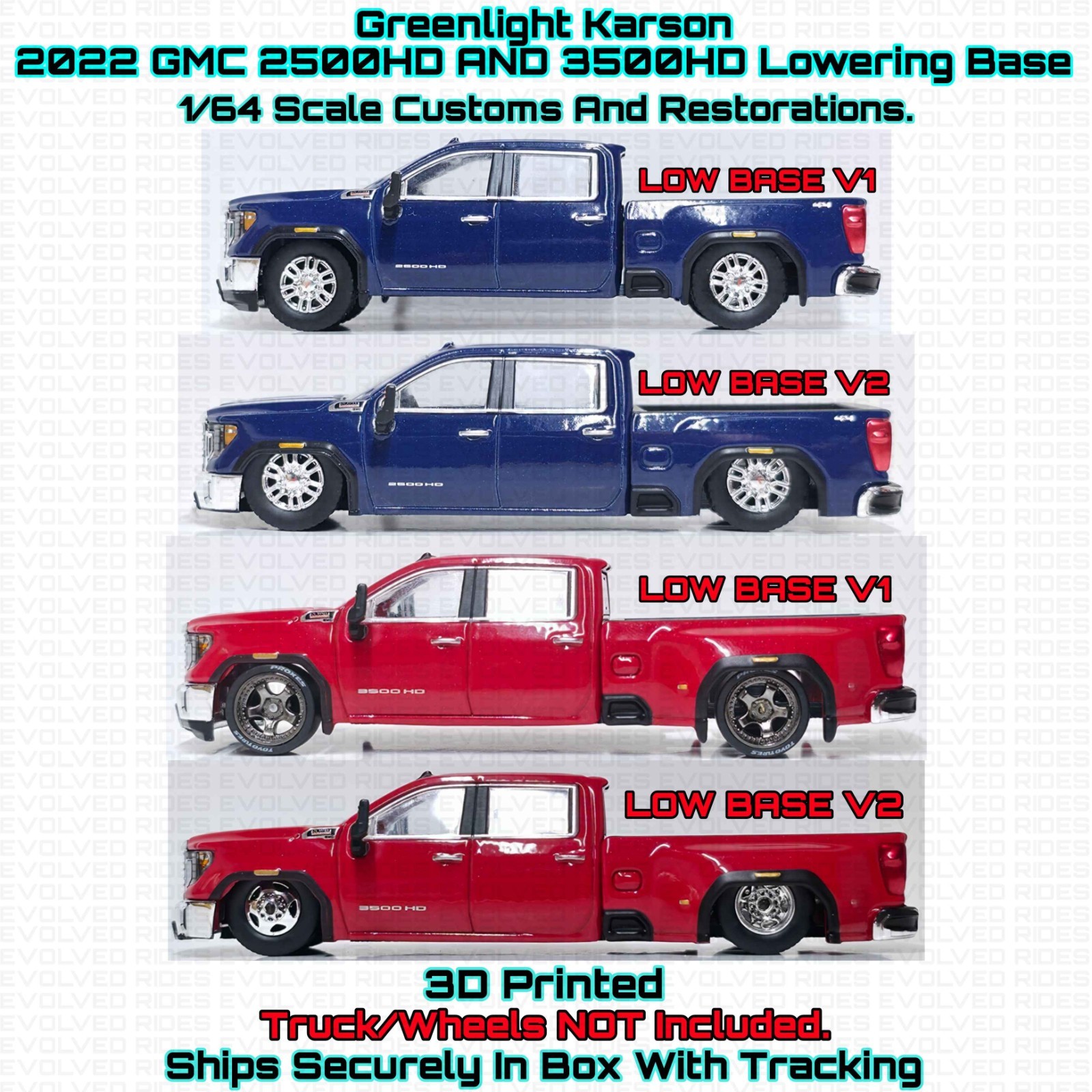 Lowering Base For 1/64 Scale Greenlight Karson 2022 GMC 2500HD & 3500HD Dually