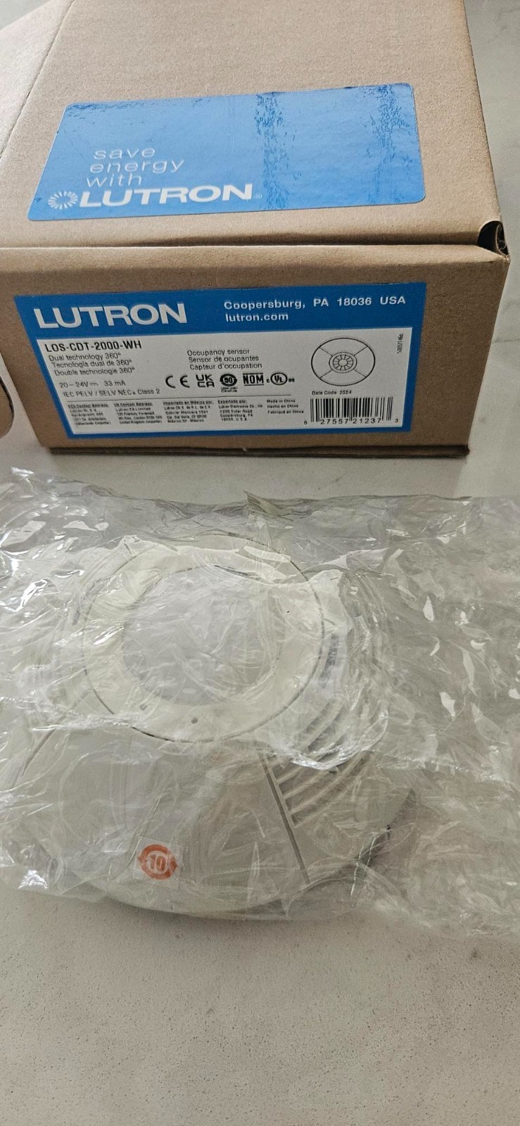 Lutron LOS-CDT-2000R-WH Occupancy Sensor Ceiling Mount 360° Dual Tech White