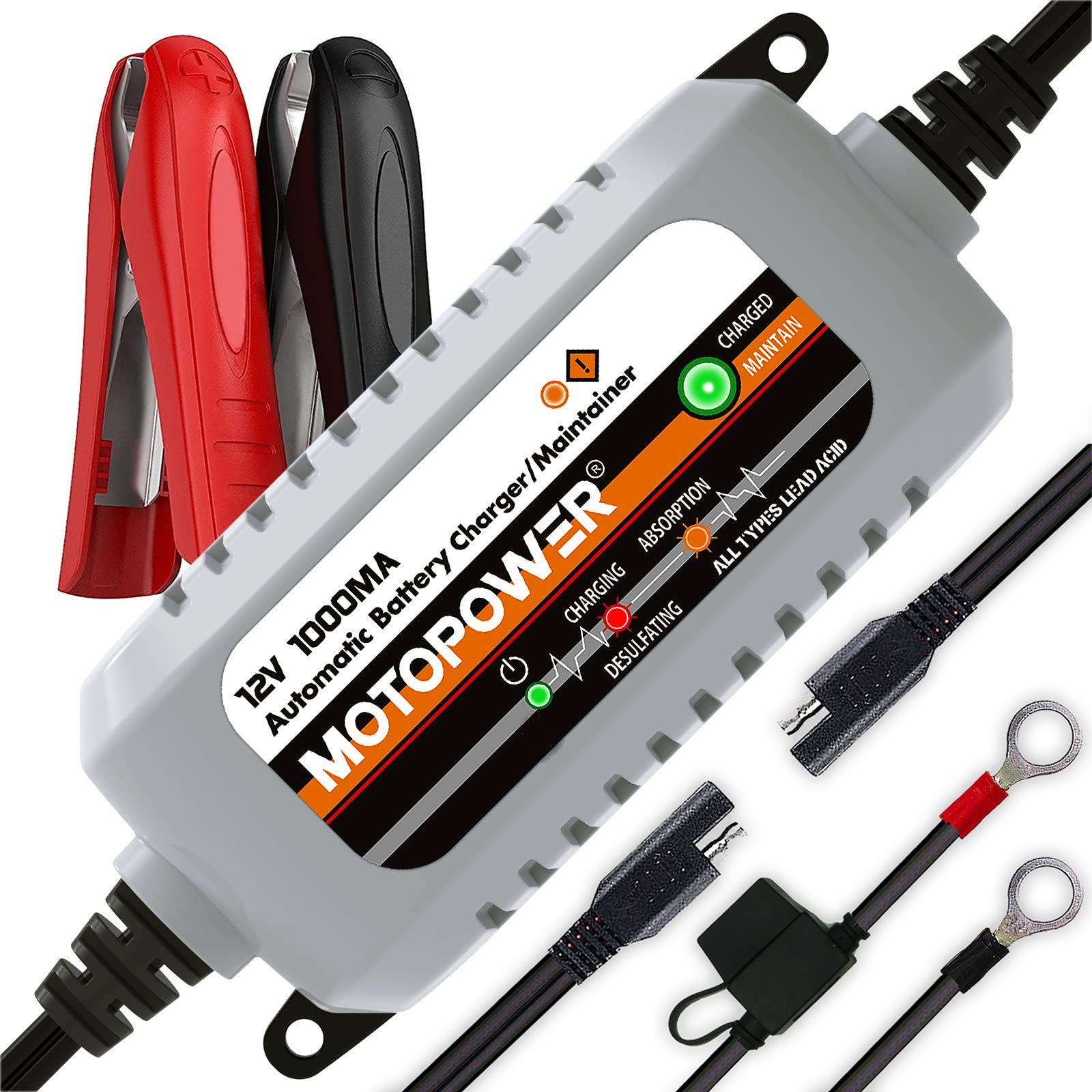 MOTOPOWER MP00205B 12V 1000mA Automatic Battery Charger, a) - Grey