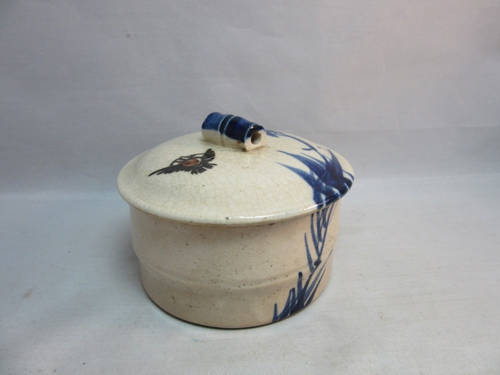 Asian pottery trinket dish. Hand painted bamboo leaves. Bird mark