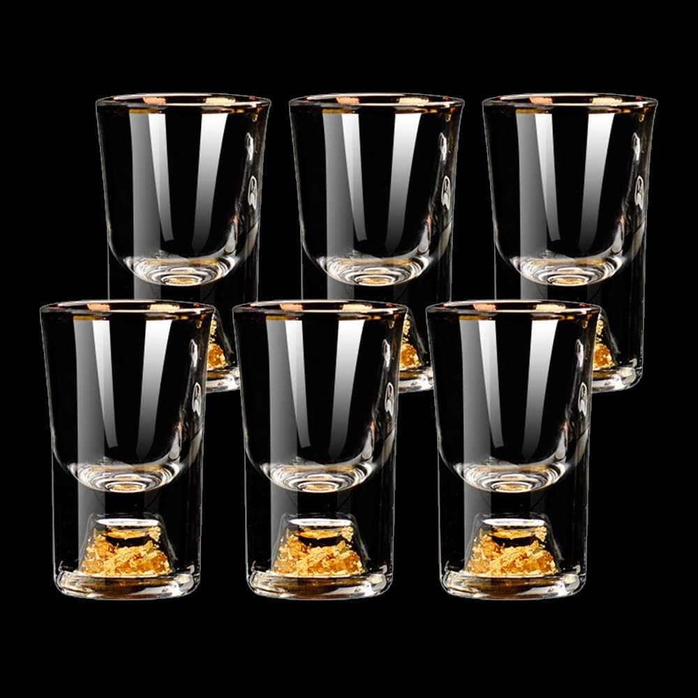 6 Pack Shot Glasses 10ml Crystal w 24K Gold Flakes Whiskey Tequila