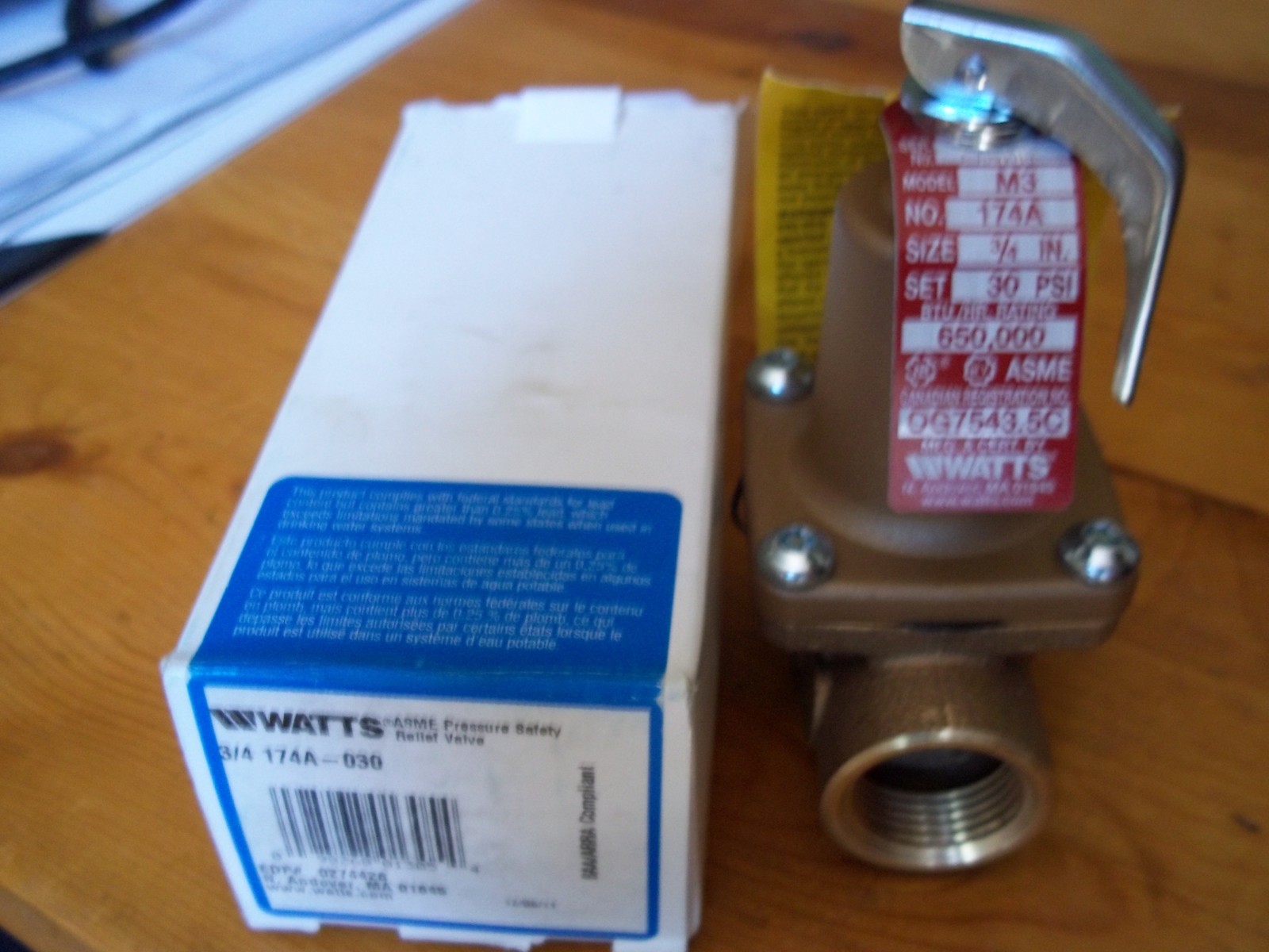 WATTS Bronze Boiler Pressure Safety Relief Valve 174A 30 PSI Up to 550MBtuH USA