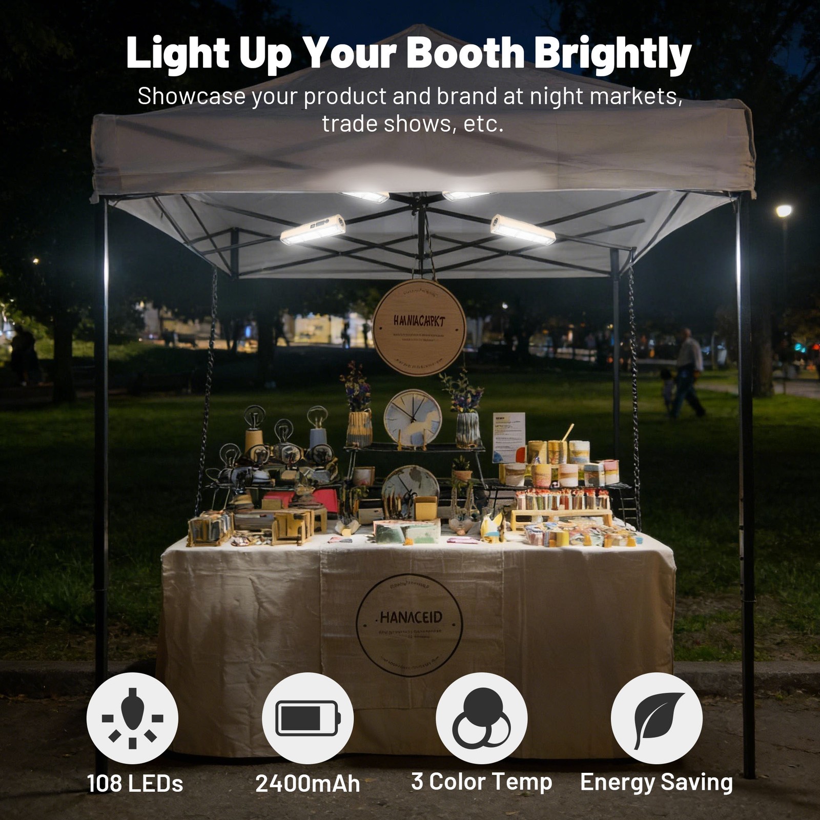 InstaHibit 4 Pcs Rechargeable Magnetic Work Light LED w/ Hook 5 Modes for Canopy