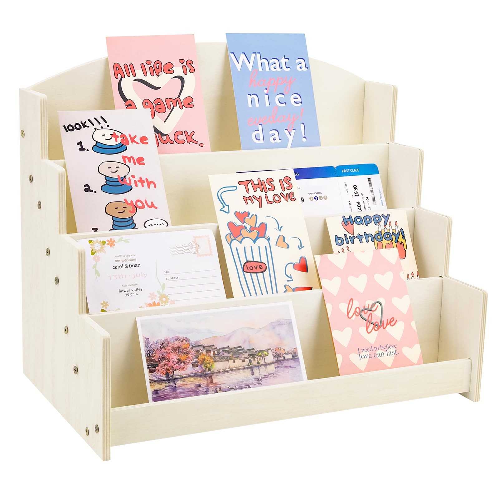 Aubeco 4 Tier 1Pc Wooden Greeting Card Display Stand, Sticker 1pcs, Wood
