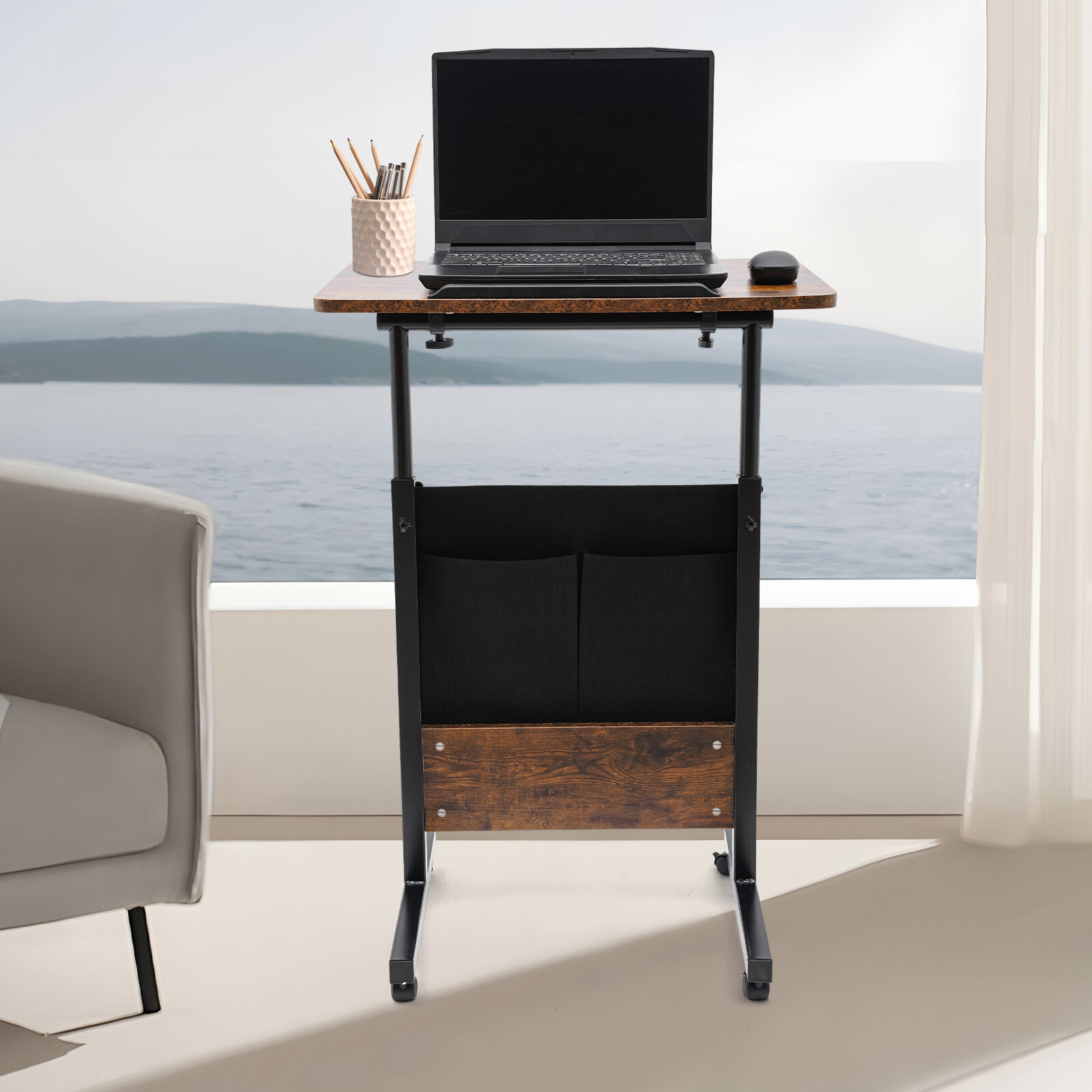 Rolling Laptop Desk Adjustable Height Computer Table Stand up Office & Storage