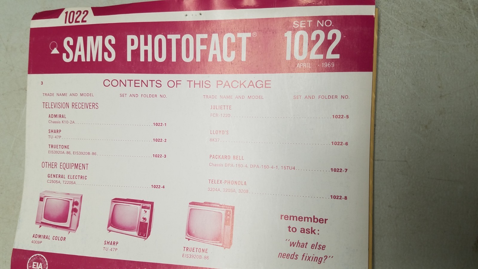 Sams Photofact Set 1022 4/69 Complete Set (D)