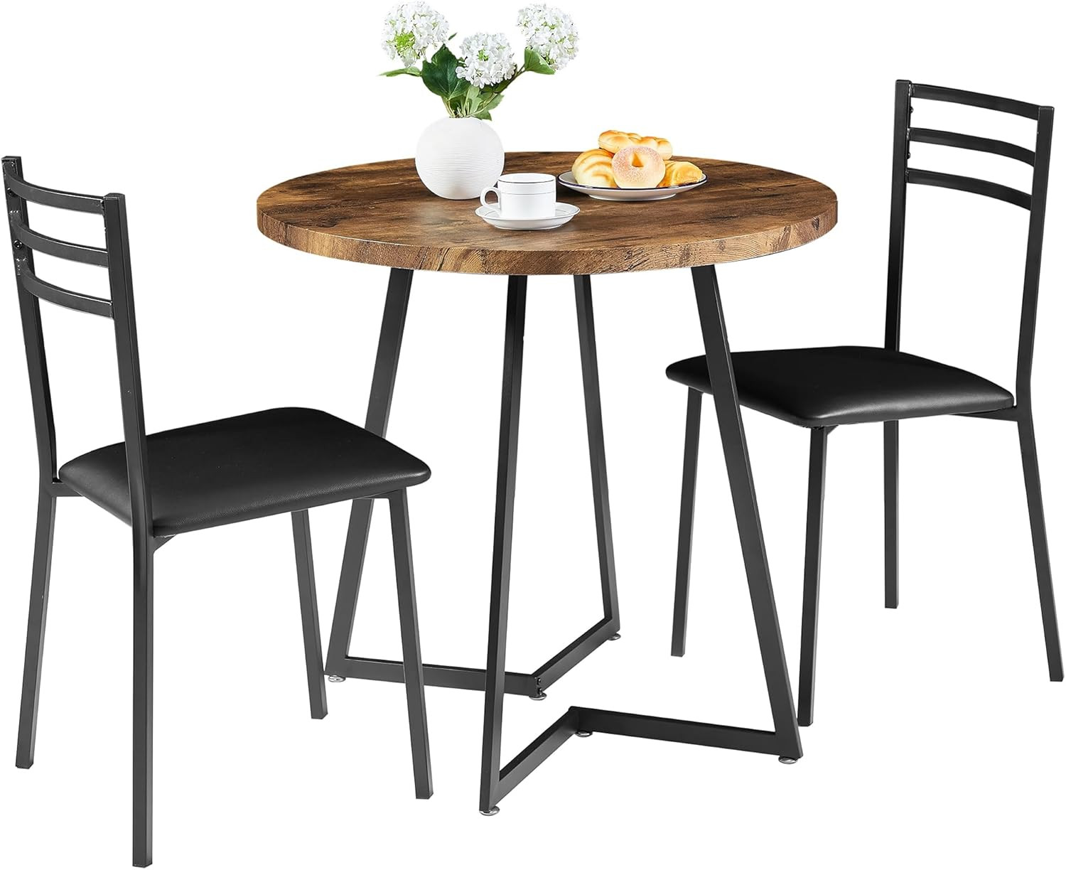 Small round Kitchen Table with 2 Upholstered Chairs, 3-Piece Wood Dinette Sets w