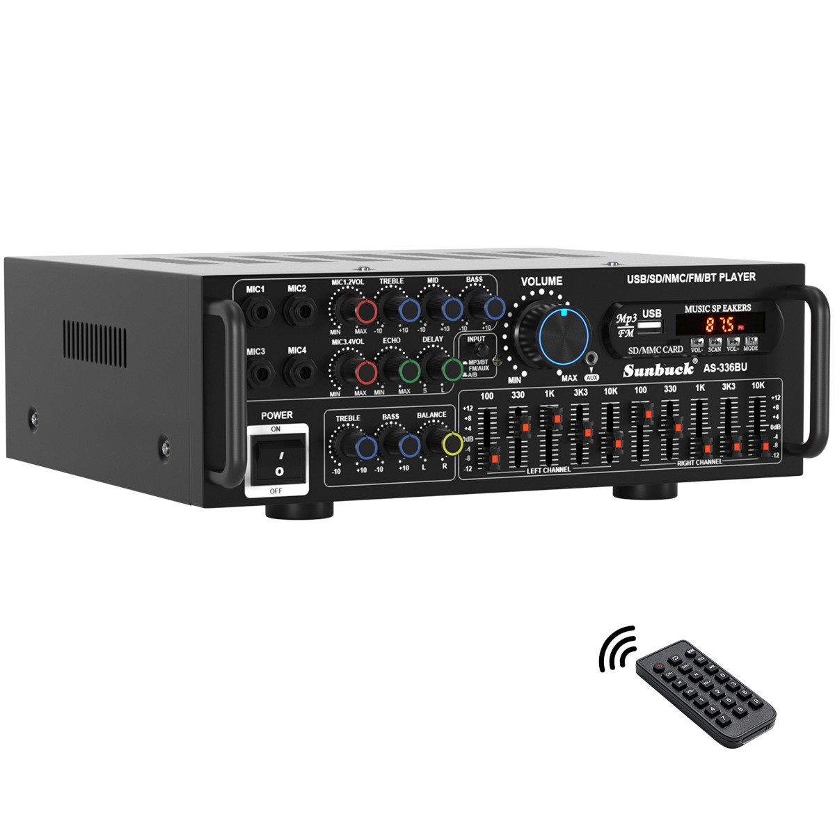 SUNBUCK 400W RMS 2000W Peak Stereo Amp BT 5.0 USB/SD FM Mic Inputs Home Car