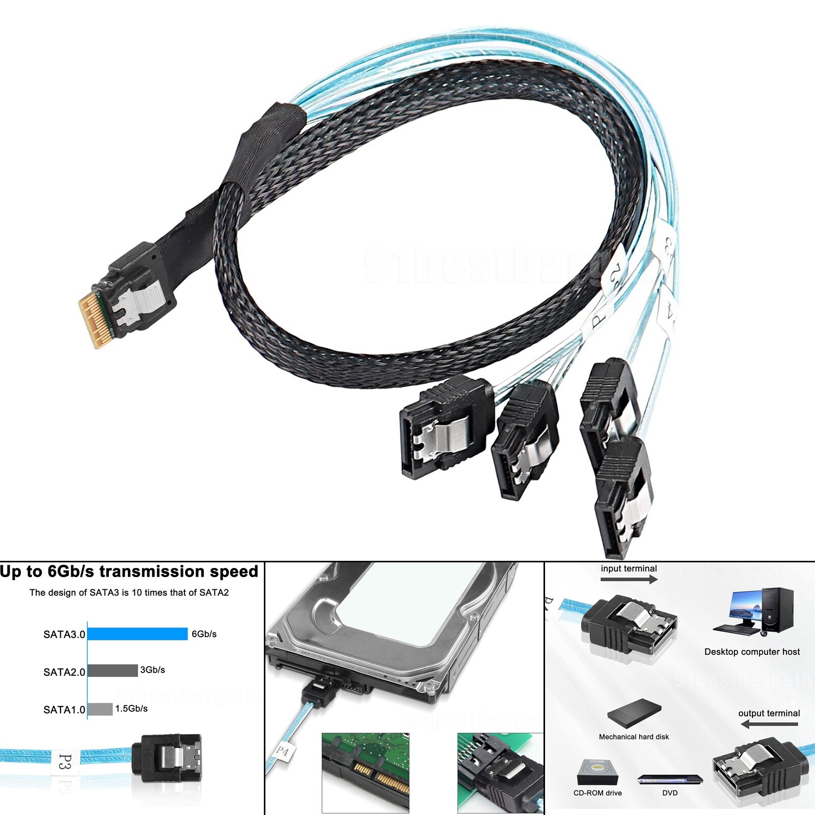 Slimline SAS 4.0 38pin SFF-8654 4i to 4 SATA 7pin 50cm Server Connection Cable