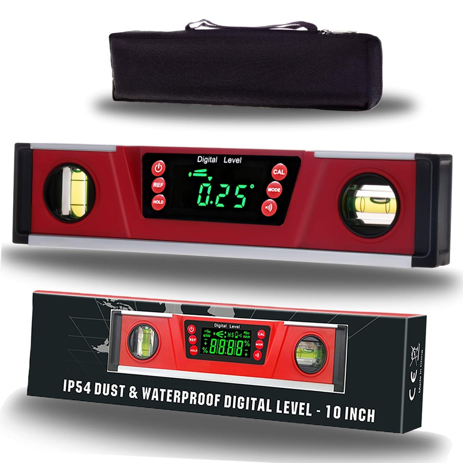 10-Inch Digital Torpedo Level and Protractor | Neodymium Magnets | Bright Red