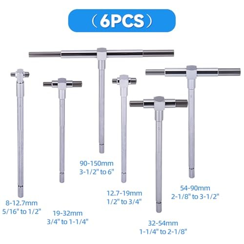 6Pcs T Bore Hole Gauges Set Bulk, 5/16" - 6" Range - Smooth Action Telescoping