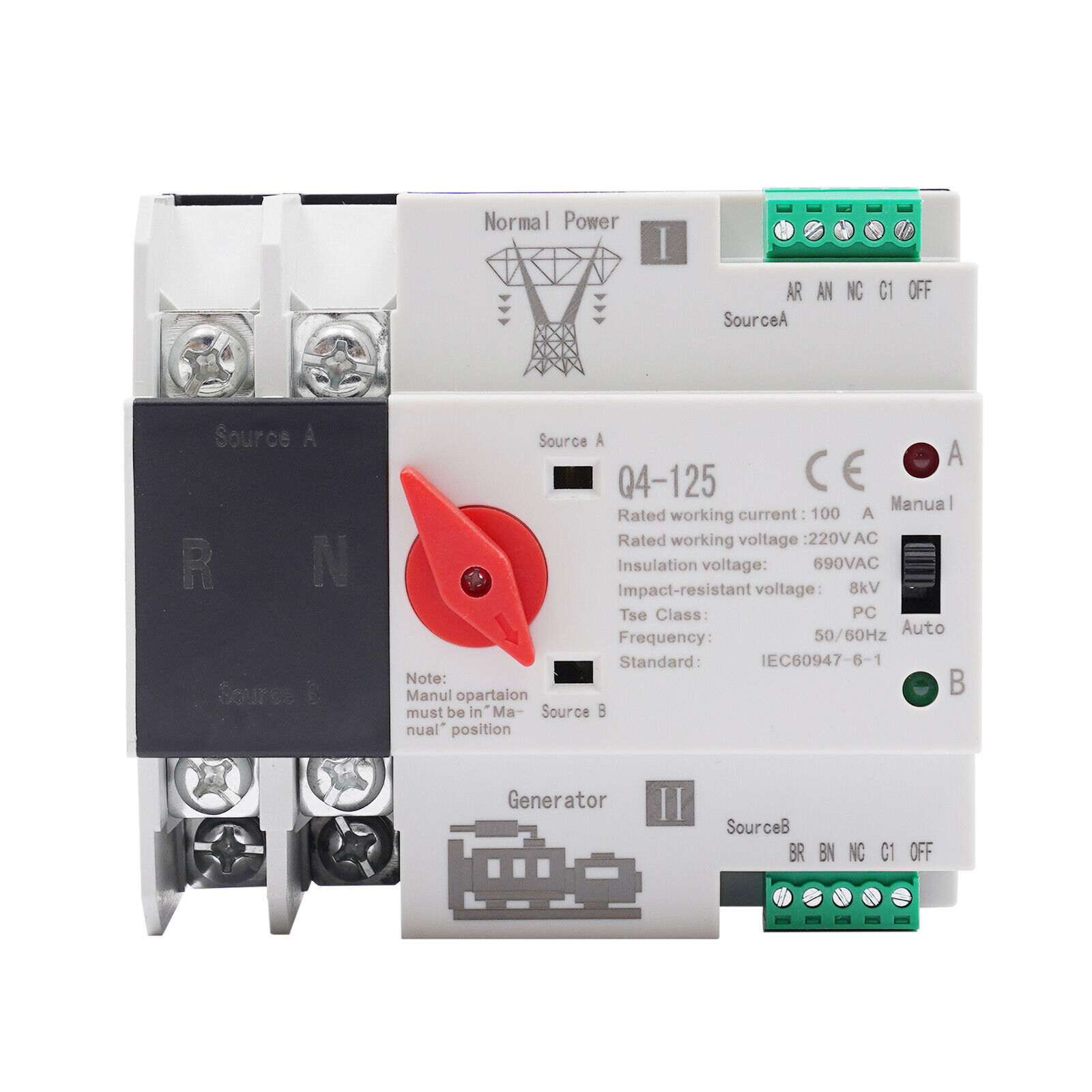 Dual Power 100A Automatic Transfer Switch 2P for Generator Use