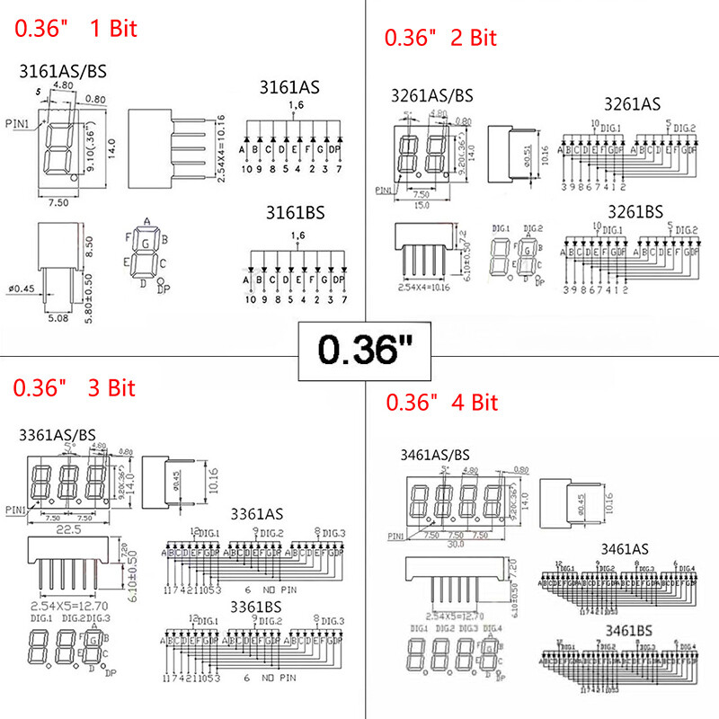 0.28/0.36/0.4/0.56/0.8" Red led Display 7 Segment Common Cathode/Anode 1-4 Digit