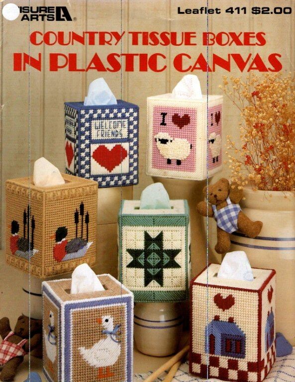 VTG 1986 LEISURE ARTS COUNTRY TISSUE BOXES IN PLASTIC CANVAS