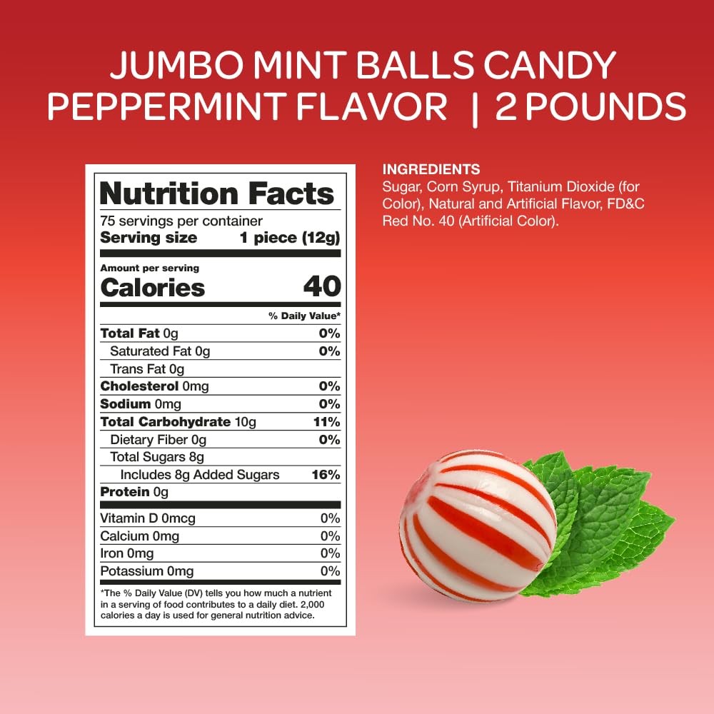 Jumbo Mint Balls - 2 lb Bulk Pack - Peppermint Hard Candy - Individually Wrapped
