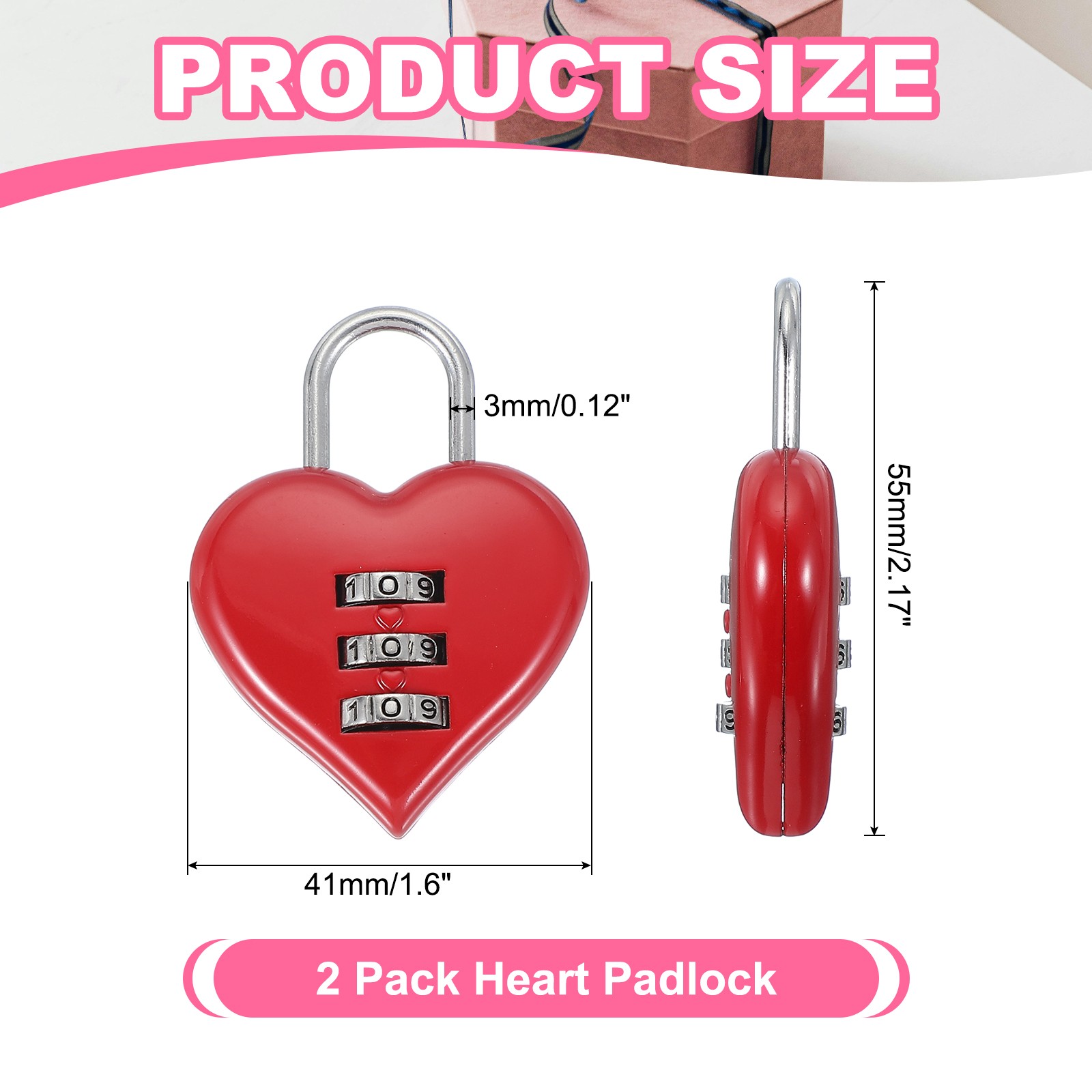 2 Pack Combination Locks Heart Shape Password Padlock Love Locker Lock Red