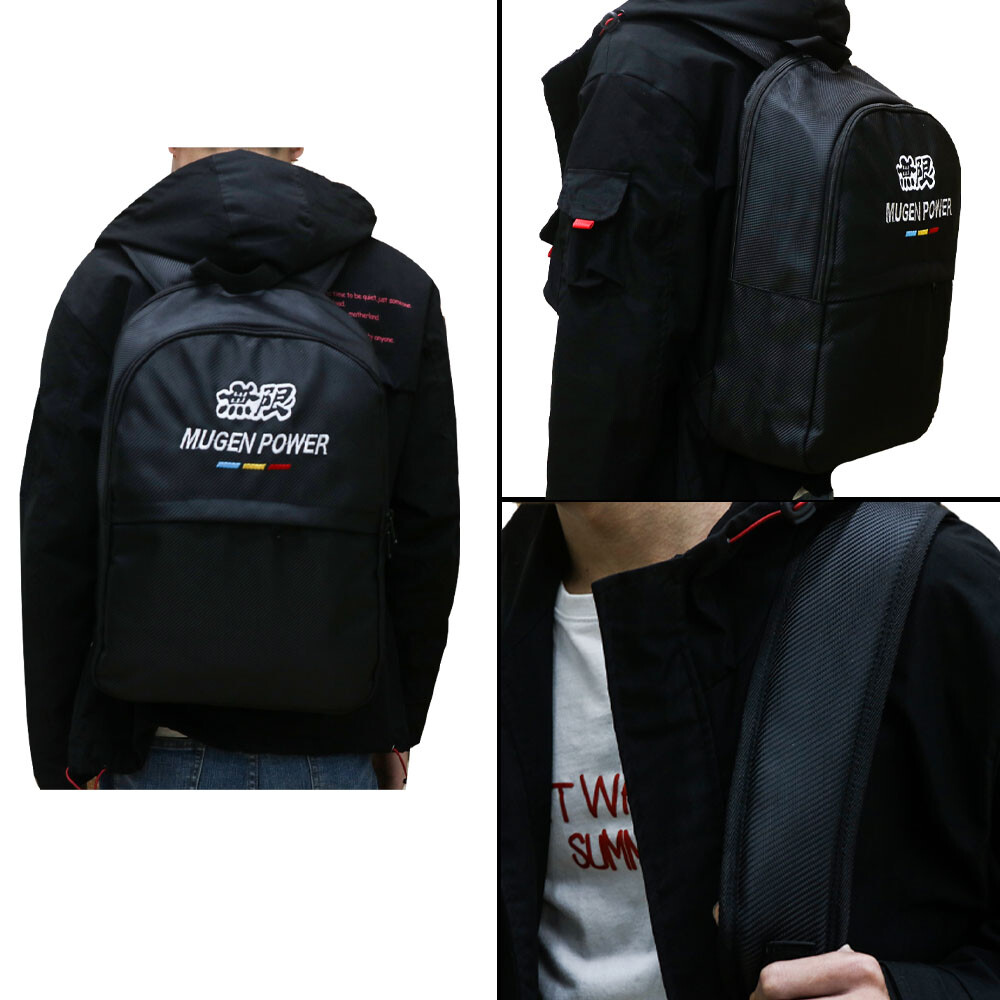 1x JDM Mugen Backpack Black Carbon Fiber School Bag Shoulder Travel Bag Keychain