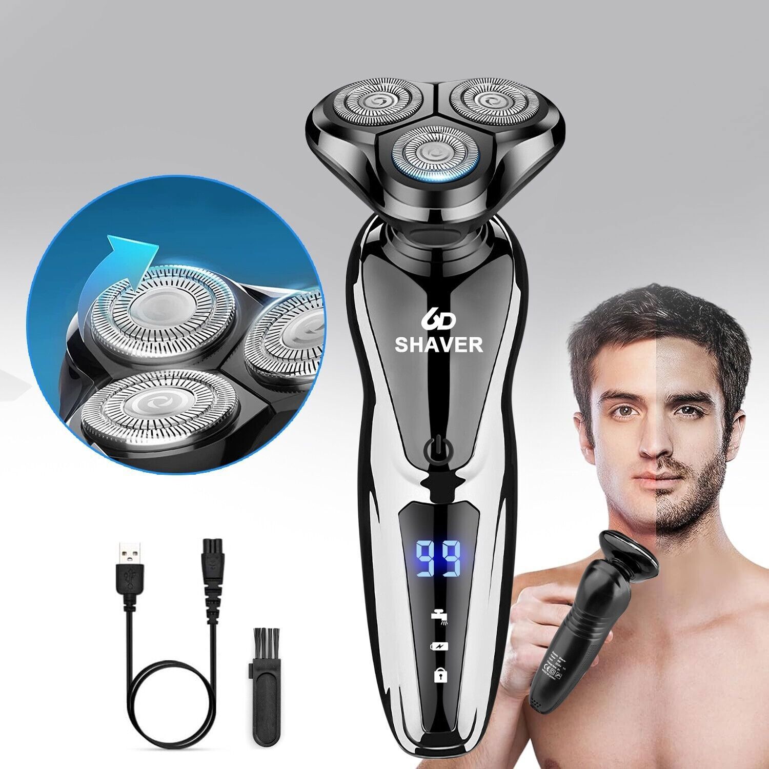 Electric Wet/Dry Razor Men USB Rechargeable Rotary Shaver Beard Trimmer Shaving