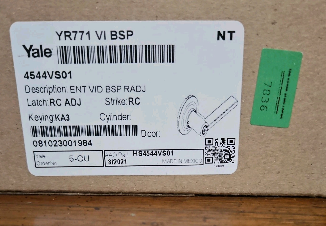 Yale YR771 VI BSP Flat Lever Entry Door Handle Set BLACK New Traditions Key 7836