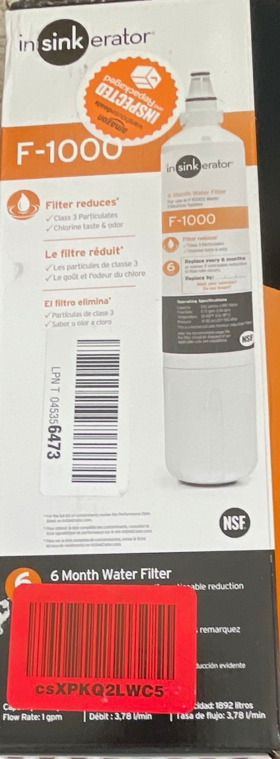 InSinkErator F-1000 Water Filter Cartridge 6 Month Carbon Chlorine Taste & Odor