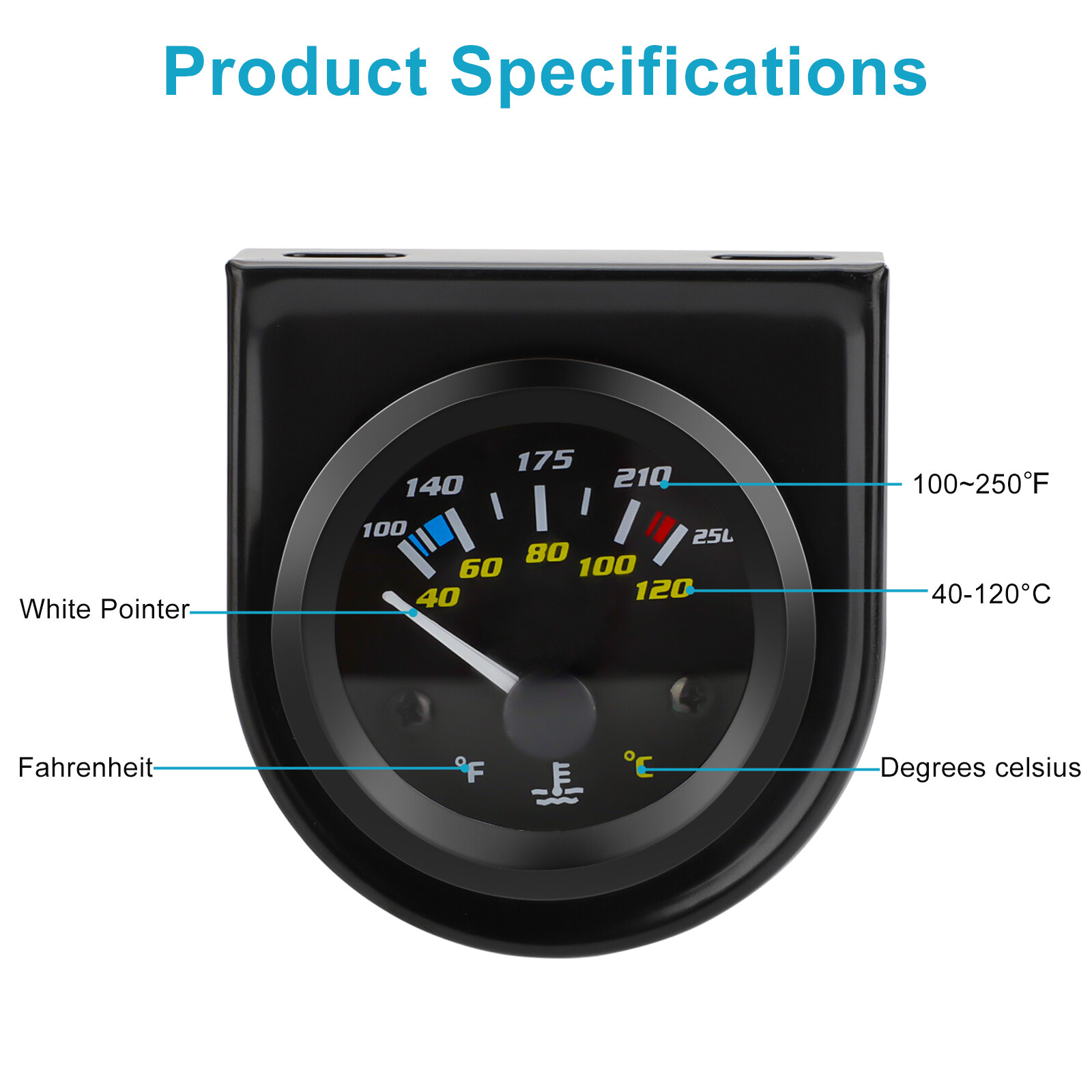 2" 52mm Pointer Car Water Temp Temperature Gauge 100-250℉ W/ Sensor Rack Black
