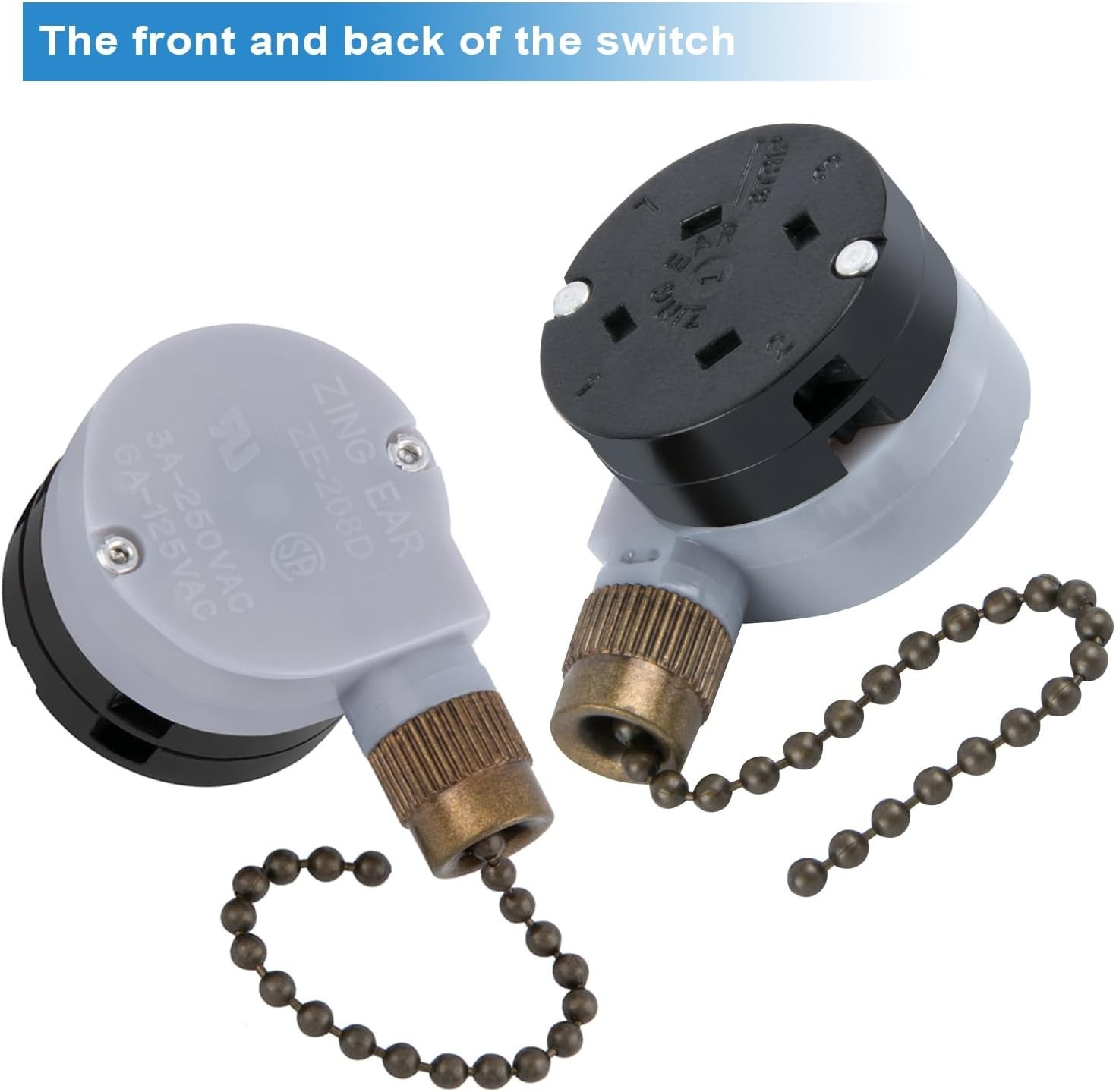 Zing Ear ZE‑208D Ceiling Fan Switch, 3‑Speed 5‑8 Wire Pull Chain, Bronze