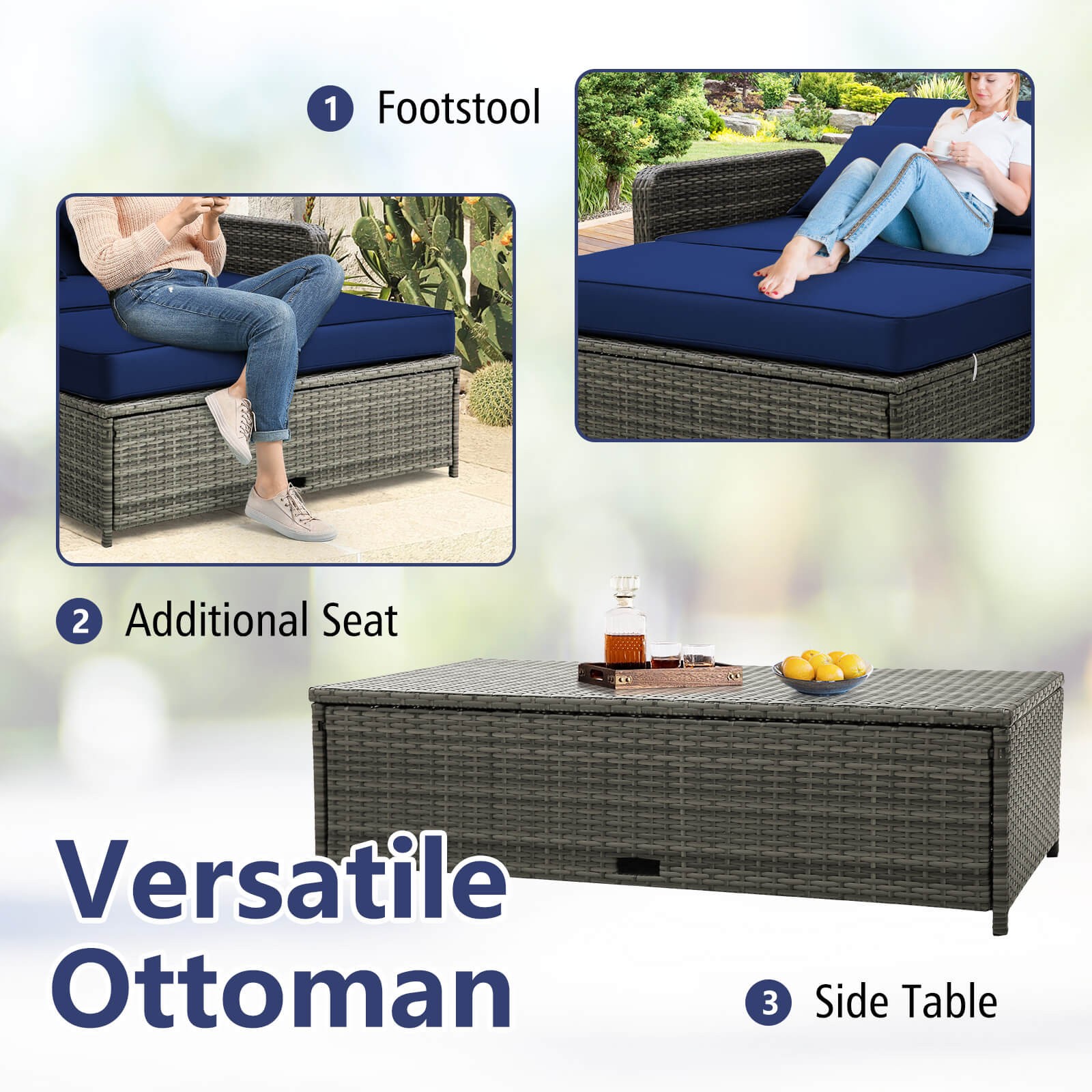 Wicker Loveseat Sofa Set Patio Rattan Daybed w/ Ottoman & Retractable Side Tray