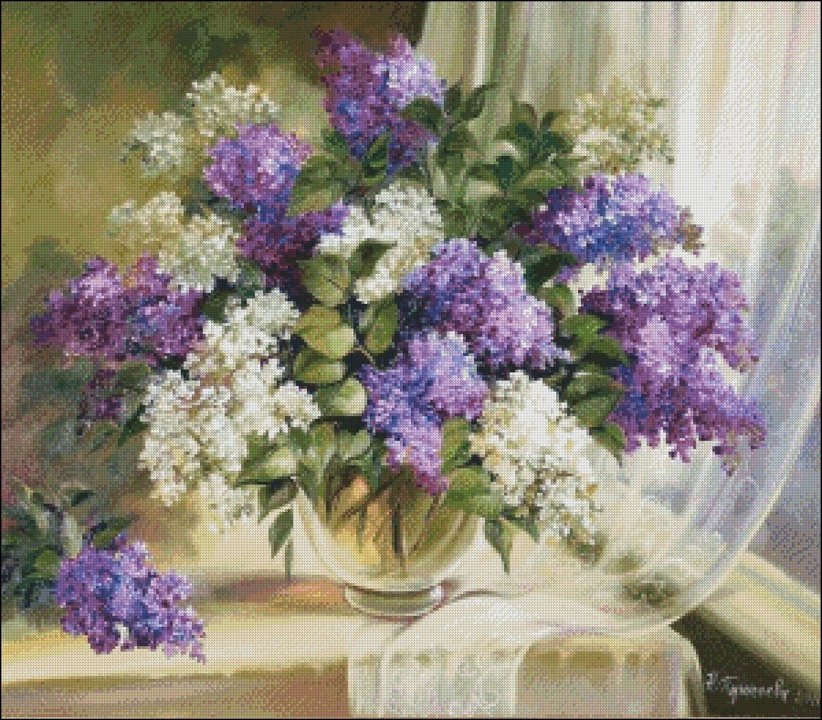 Curtain with Lilac - DIY Chart Counted Cross Stitch Pattern Needlework DMC Color