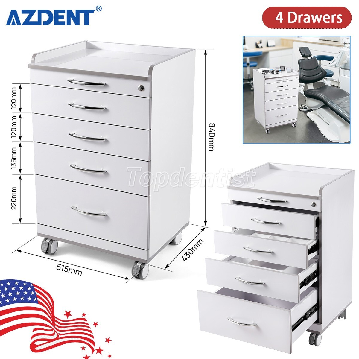 4 Drawers Dental Lab Storage Cabinet Mobile Medical Utility Cart Office Cabinet