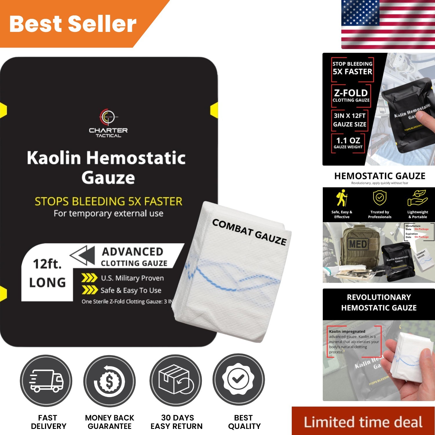 First Aid Quick Clot Combat Gauze - Nonallergenic 3" x 12.5" for All Emergencies