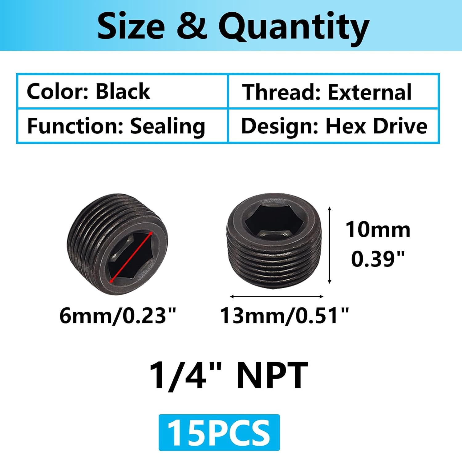 13PCS 1/4NPT Male Pipe Plug Fitting Black Carbon Steel Pipe Plug Set Internal