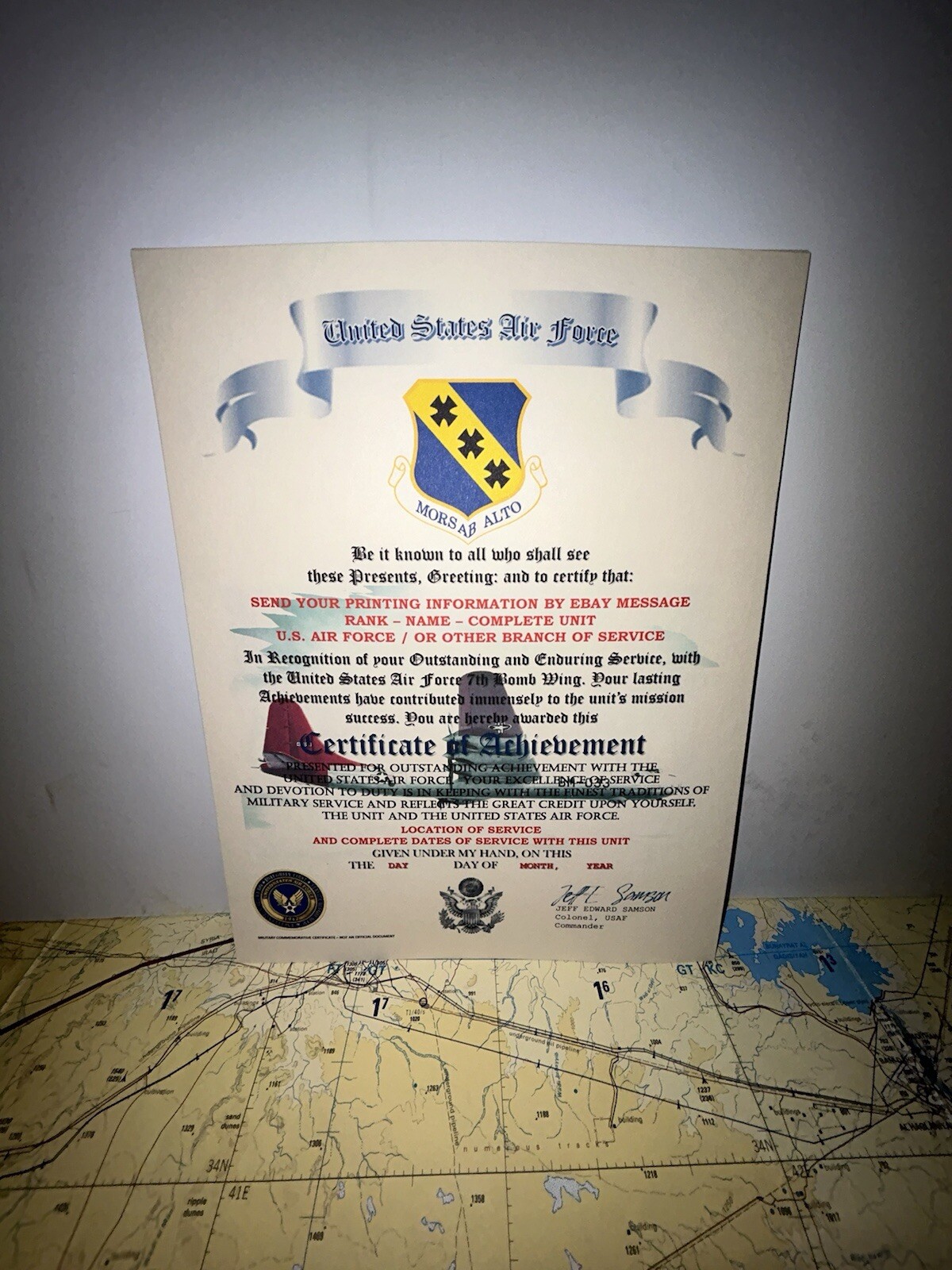 U.S.A.F. / AIR FORCE 7TH BOMB WING - CERTIFICATE OF ACHIEVEMENT