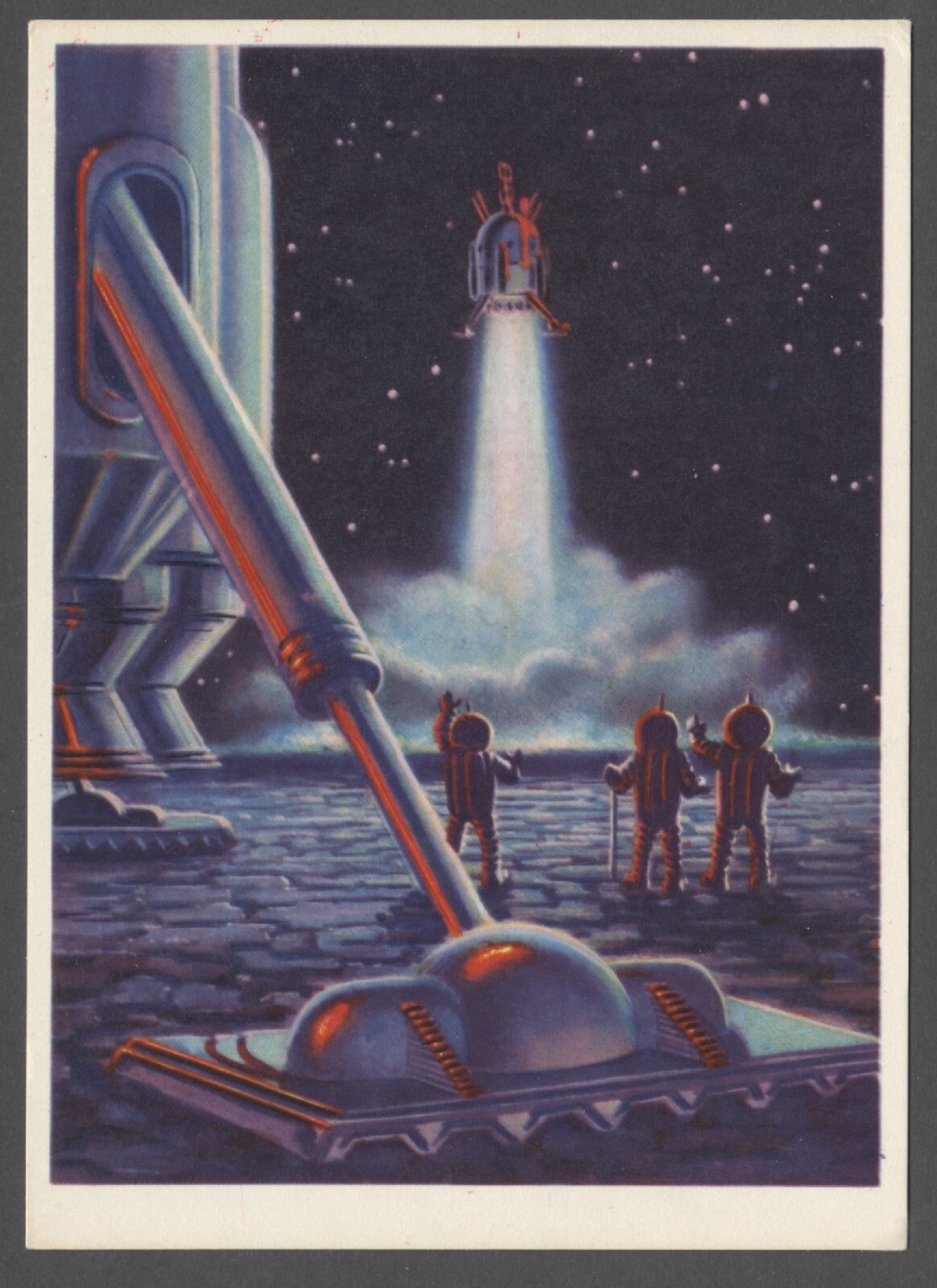 1966 Cosmonauts Space Station on Moon Leonov & Sokolov art vintage postcard